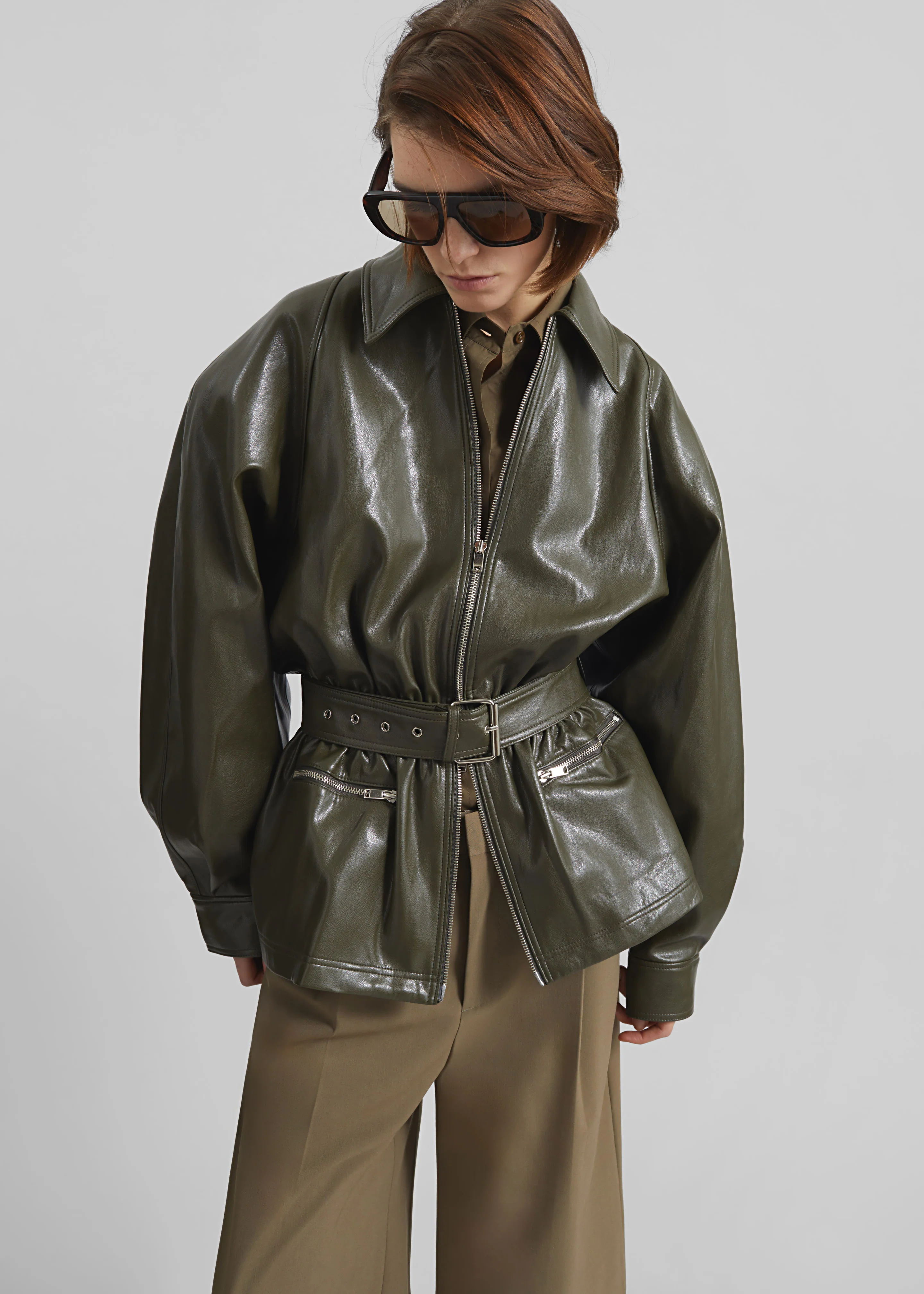 Annette Faux Leather Peplum Jacket - Olive - Image 3
