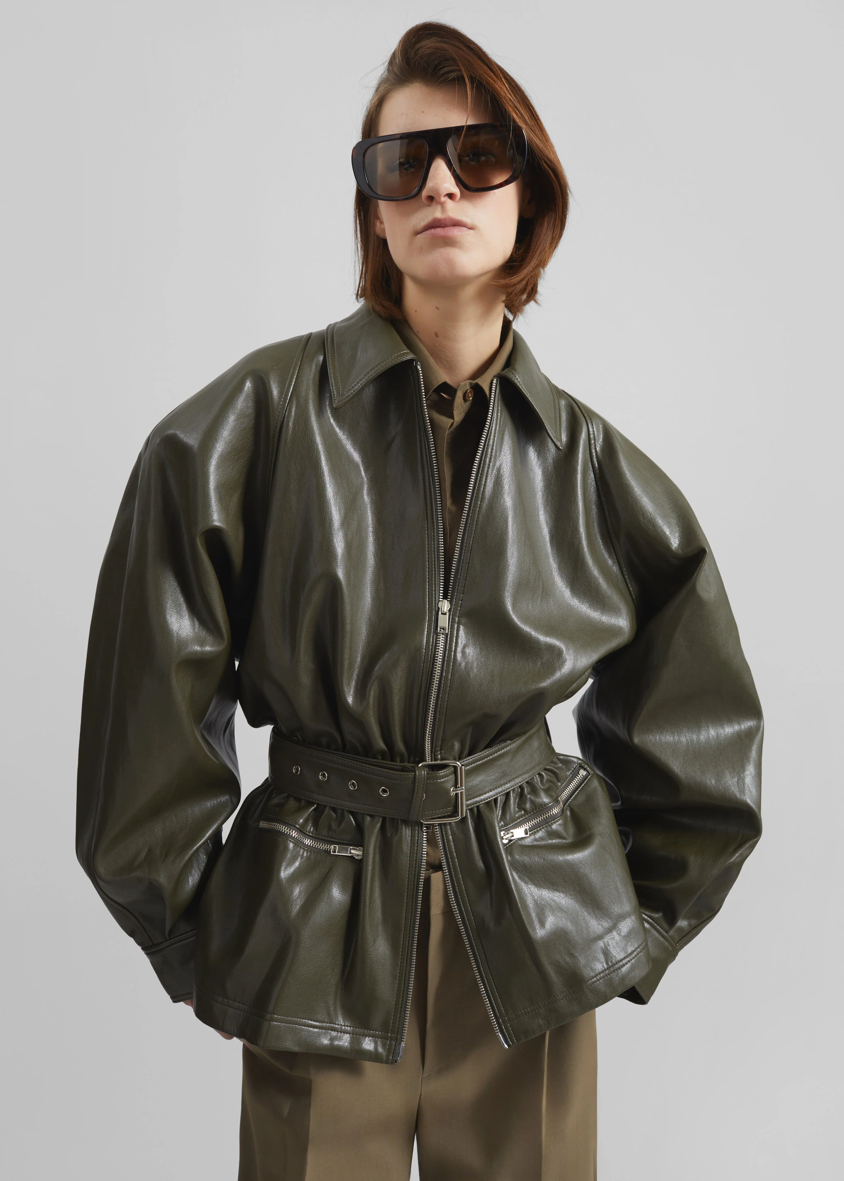 Annette Faux Leather Peplum Jacket - Olive - Image 4
