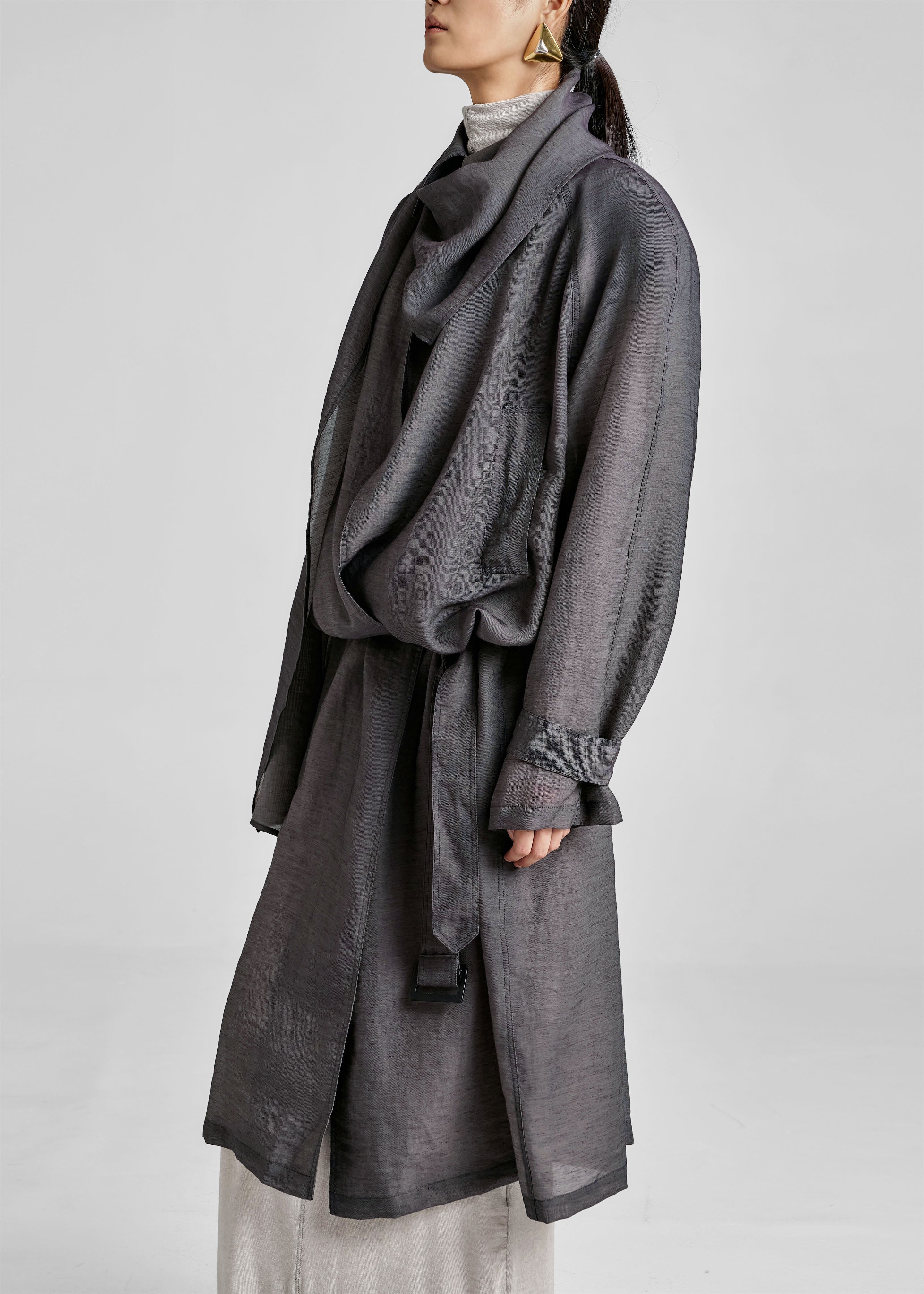 Ansel Sheer Scarf Collar Trench - Charcoal - Image 10