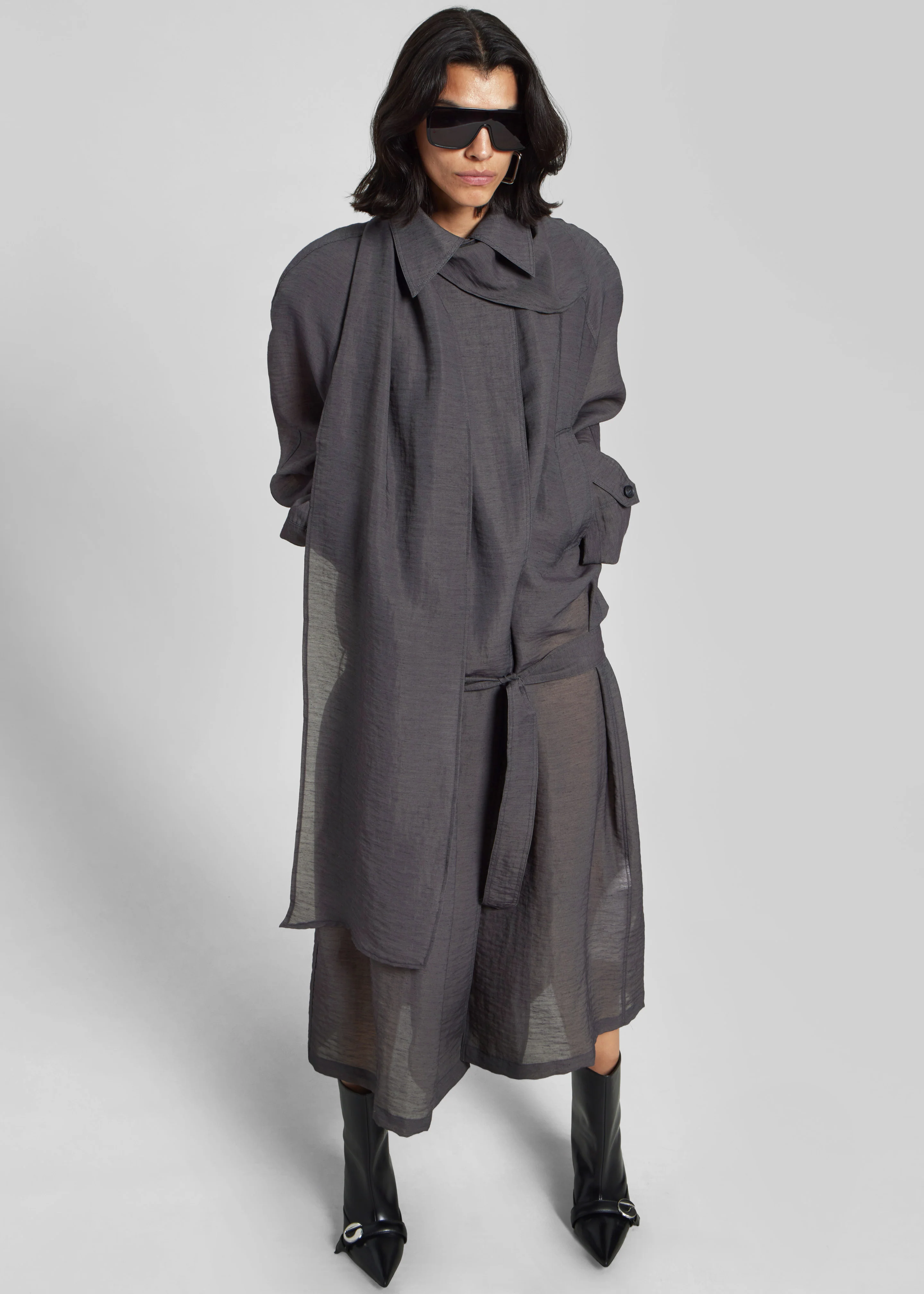 Ansel Sheer Scarf Collar Trench - Charcoal - Image 4