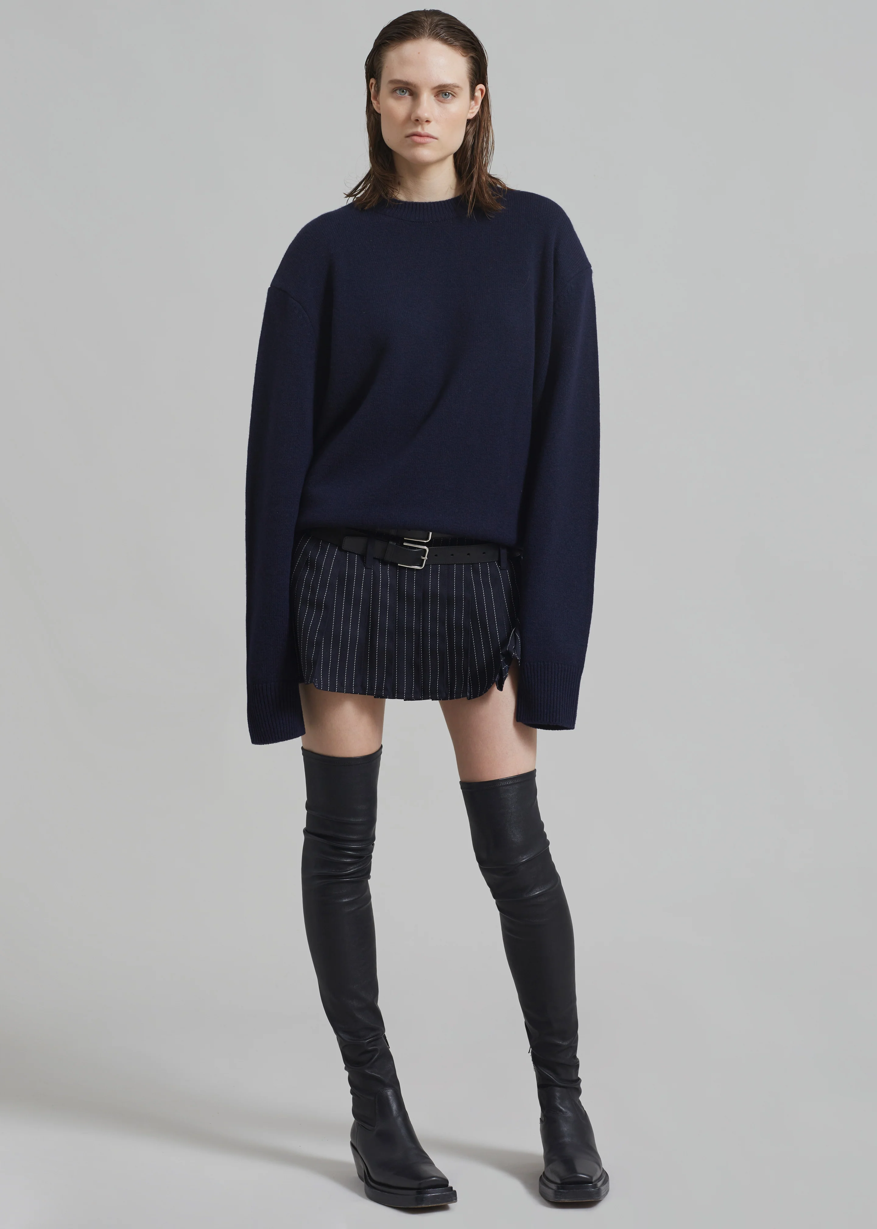 Blake Pleated Twill Mini Skirt - Navy/White Pinstripe - Image 11