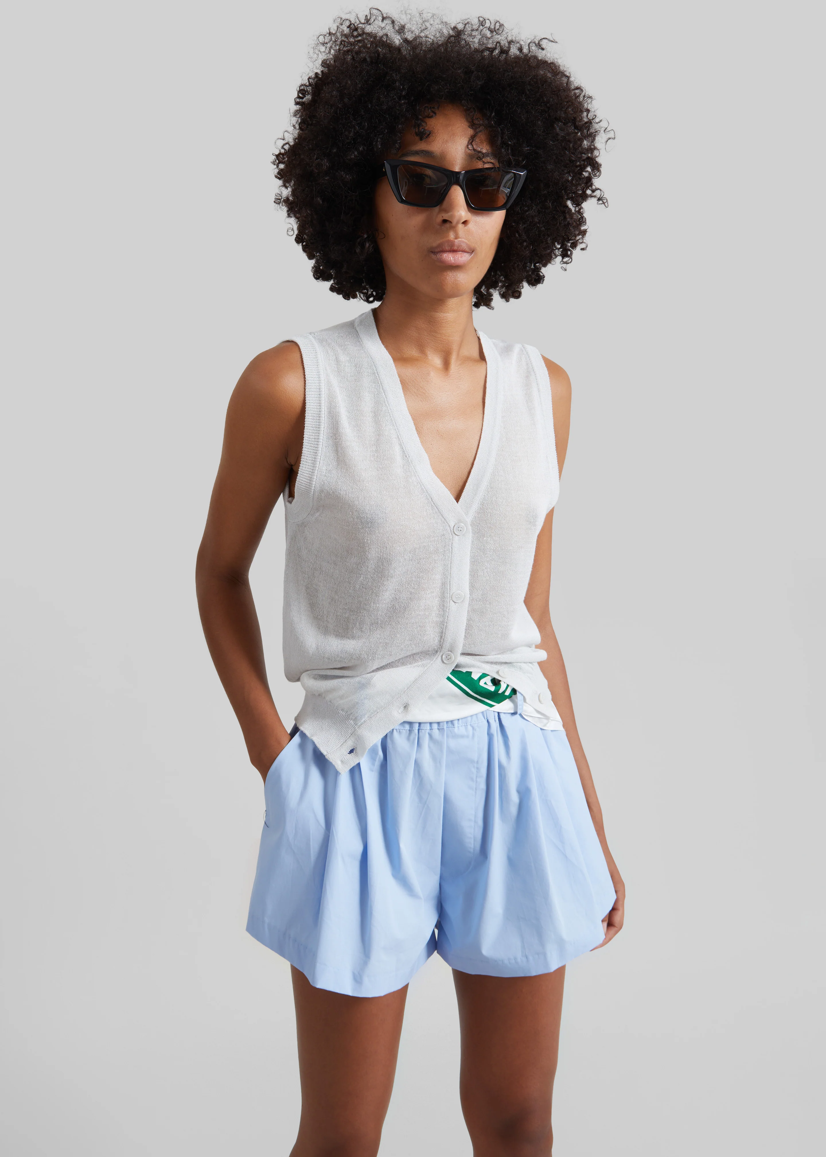 Castalia Cotton Gathered Shorts - Sky Blue - Image 6