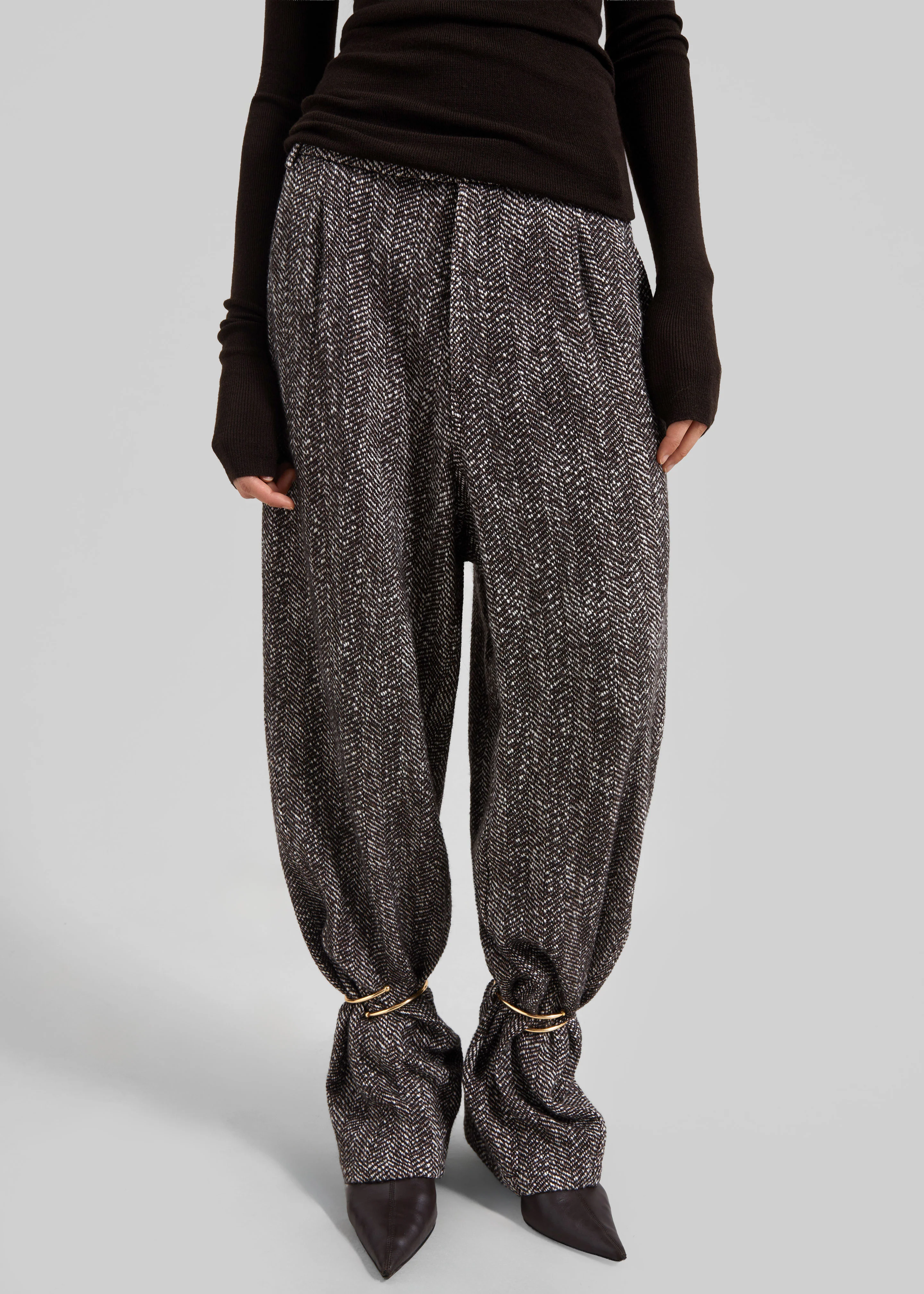 Darkpark Phebe Cuff Adorned Wide-Leg Herringbone Wool Pants - Brown/Black/White - Image 2