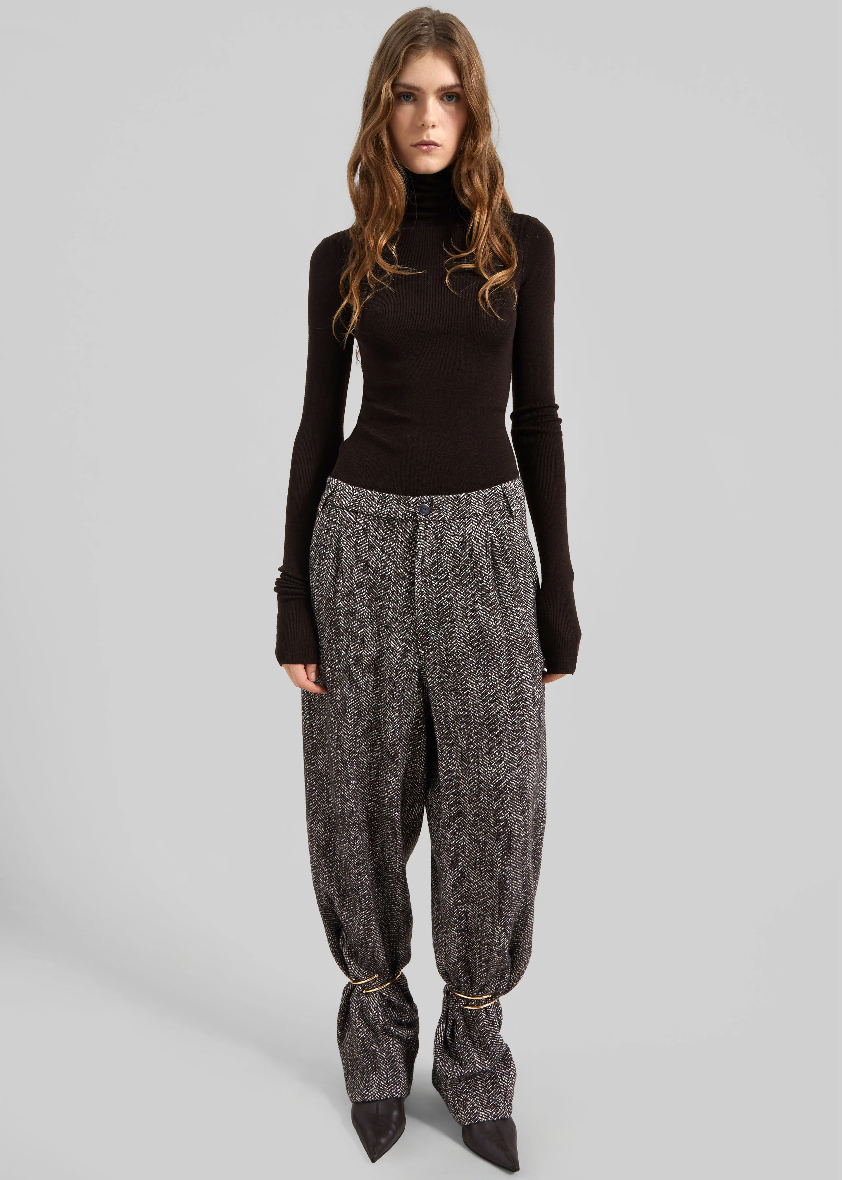 Darkpark Phebe Cuff Adorned Wide-Leg Herringbone Wool Pants - Brown/Black/White - Image 4