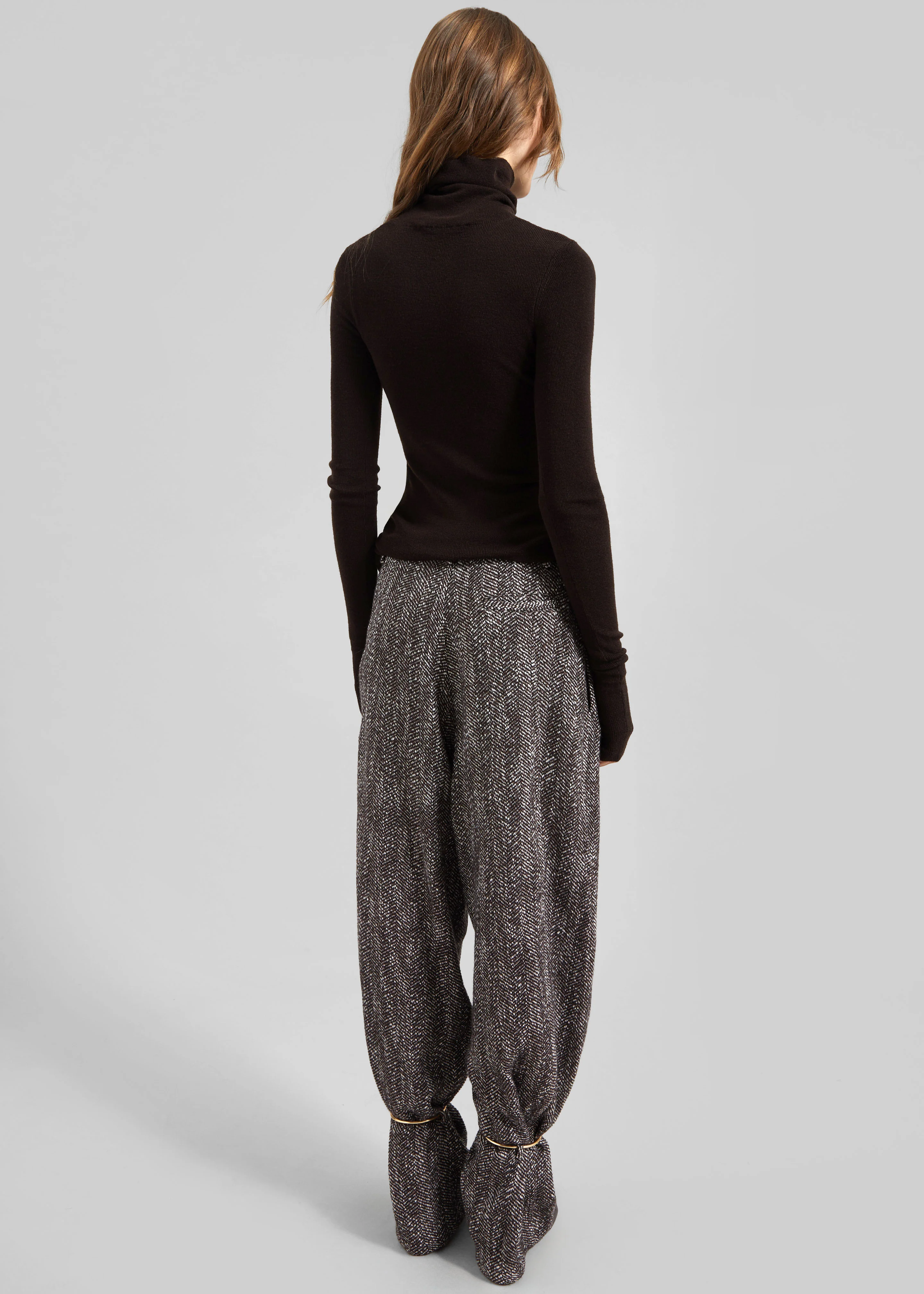 Darkpark Phebe Cuff Adorned Wide-Leg Herringbone Wool Pants - Brown/Black/White - Image 5