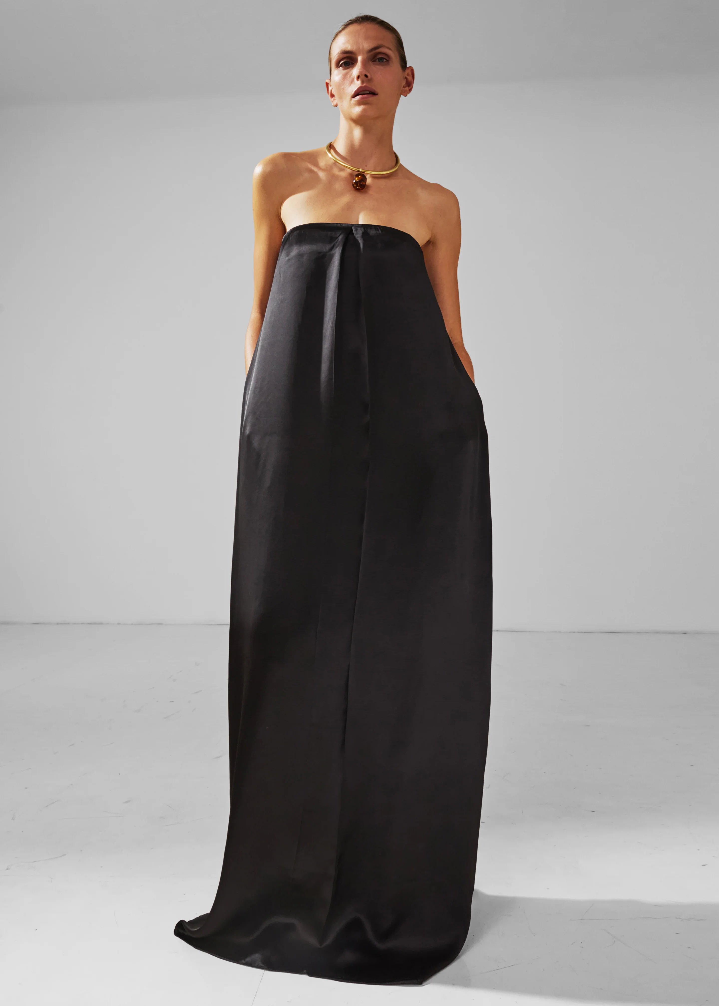 Darkpark Veronike Long Satin Bustier Dress - Black - Image 2