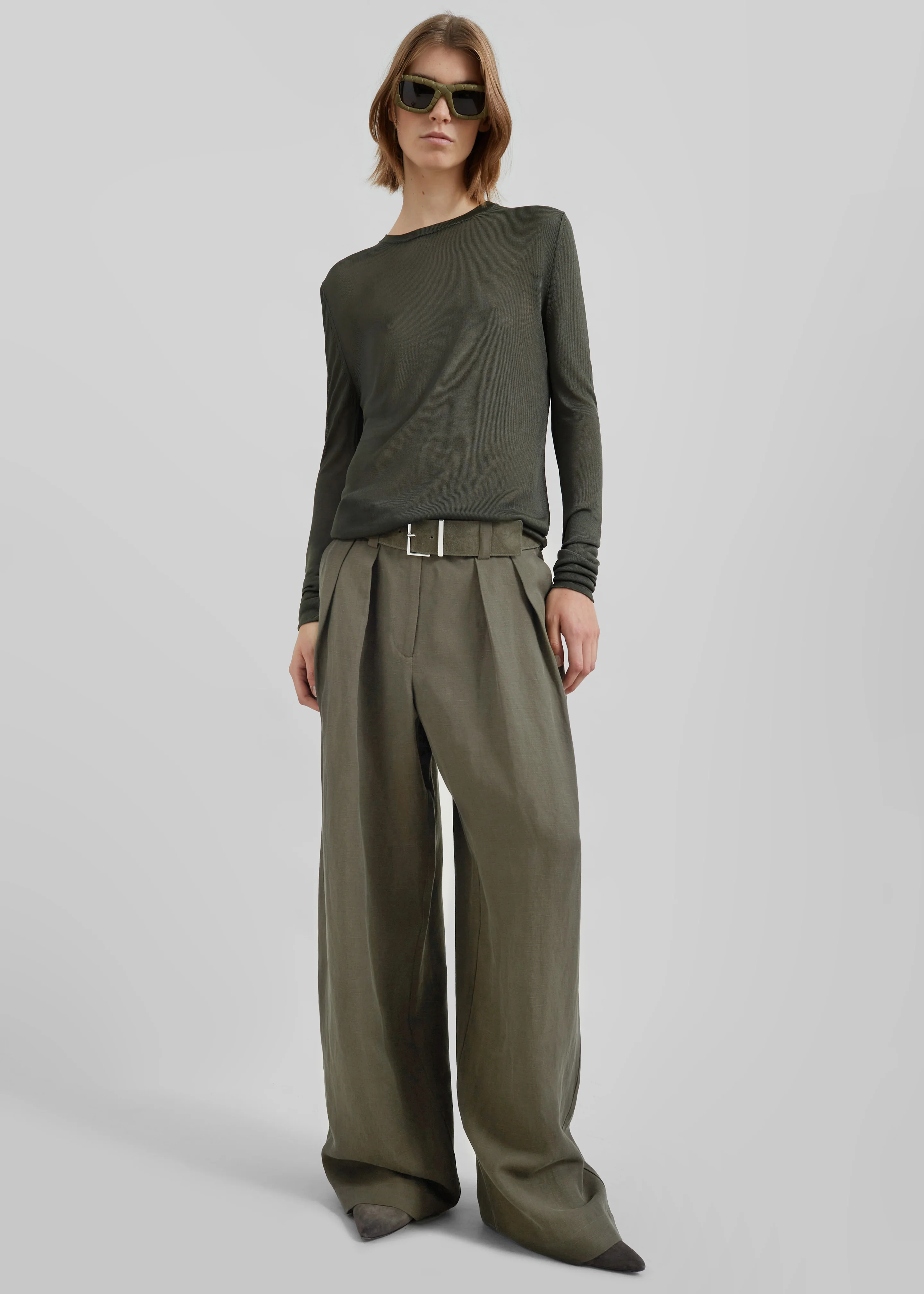 Daytona Pleated Linen Trousers - Khaki - Image 2