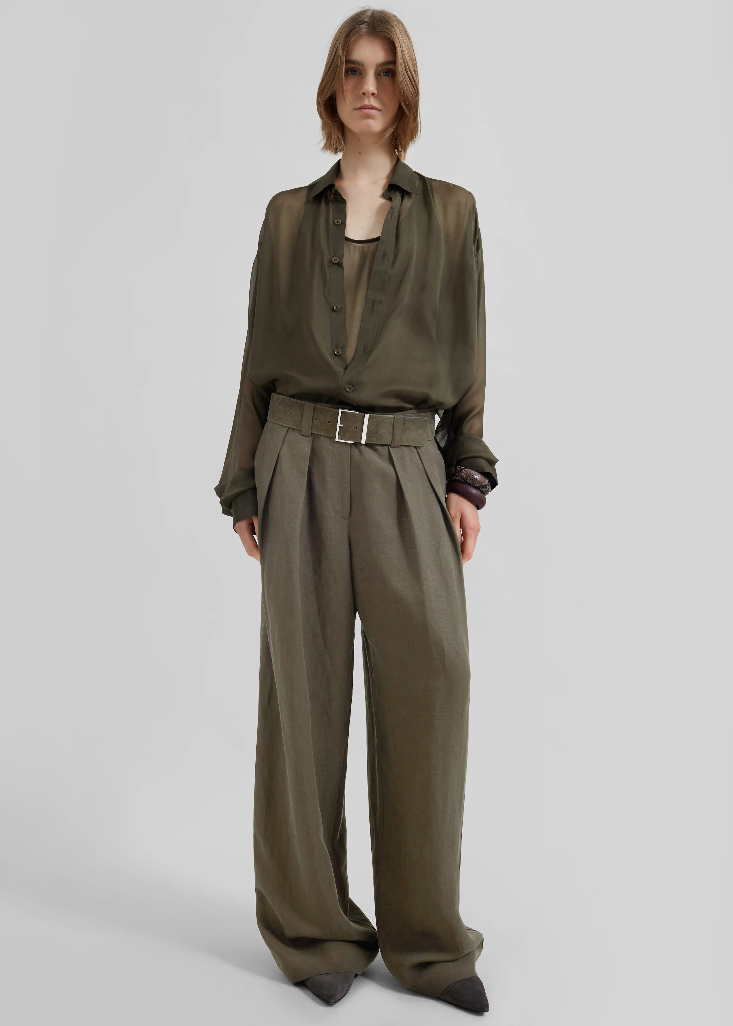Daytona Pleated Linen Trousers - Khaki - Image 7