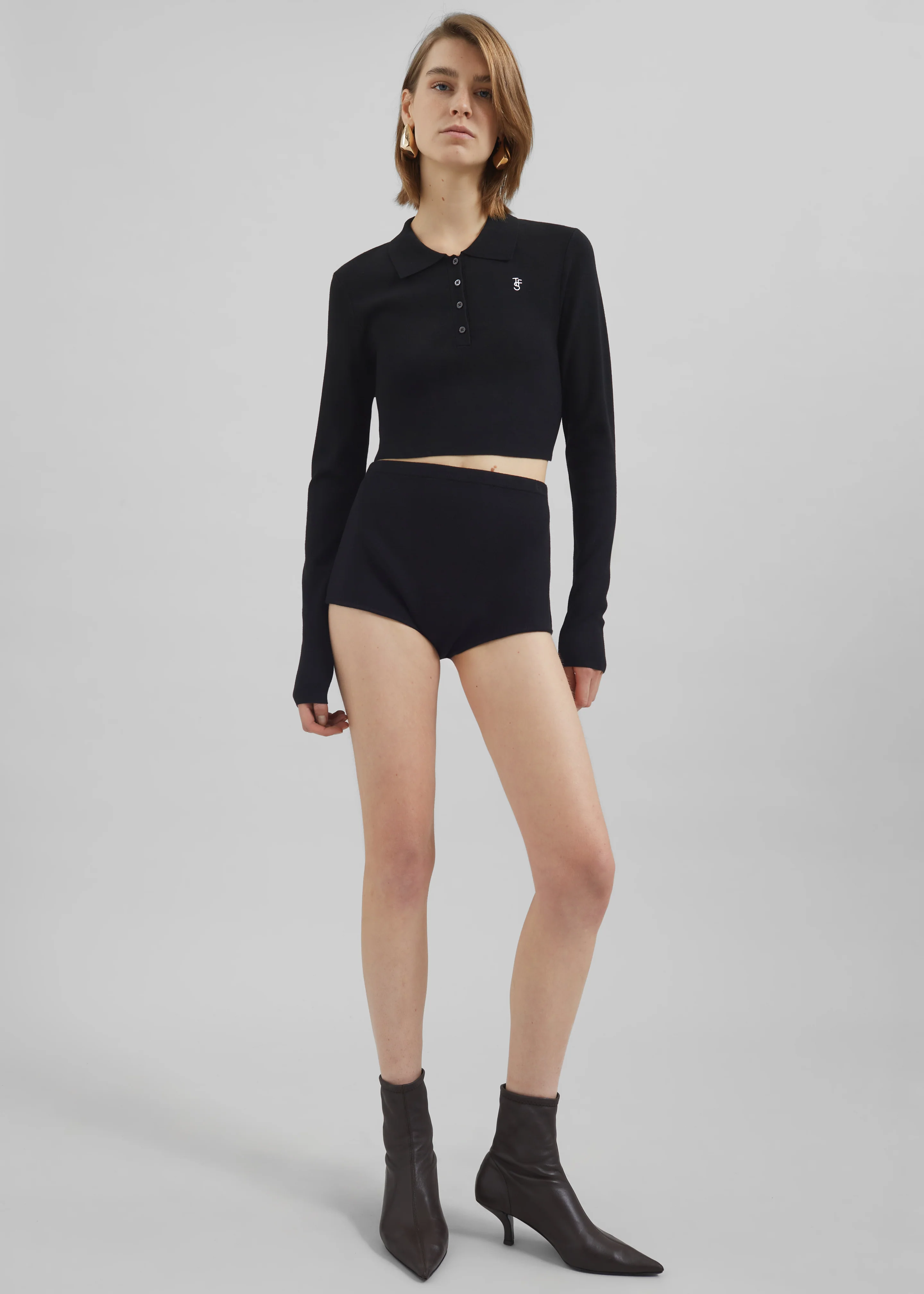 Giselle Cropped Knit Polo - Black - Image 3