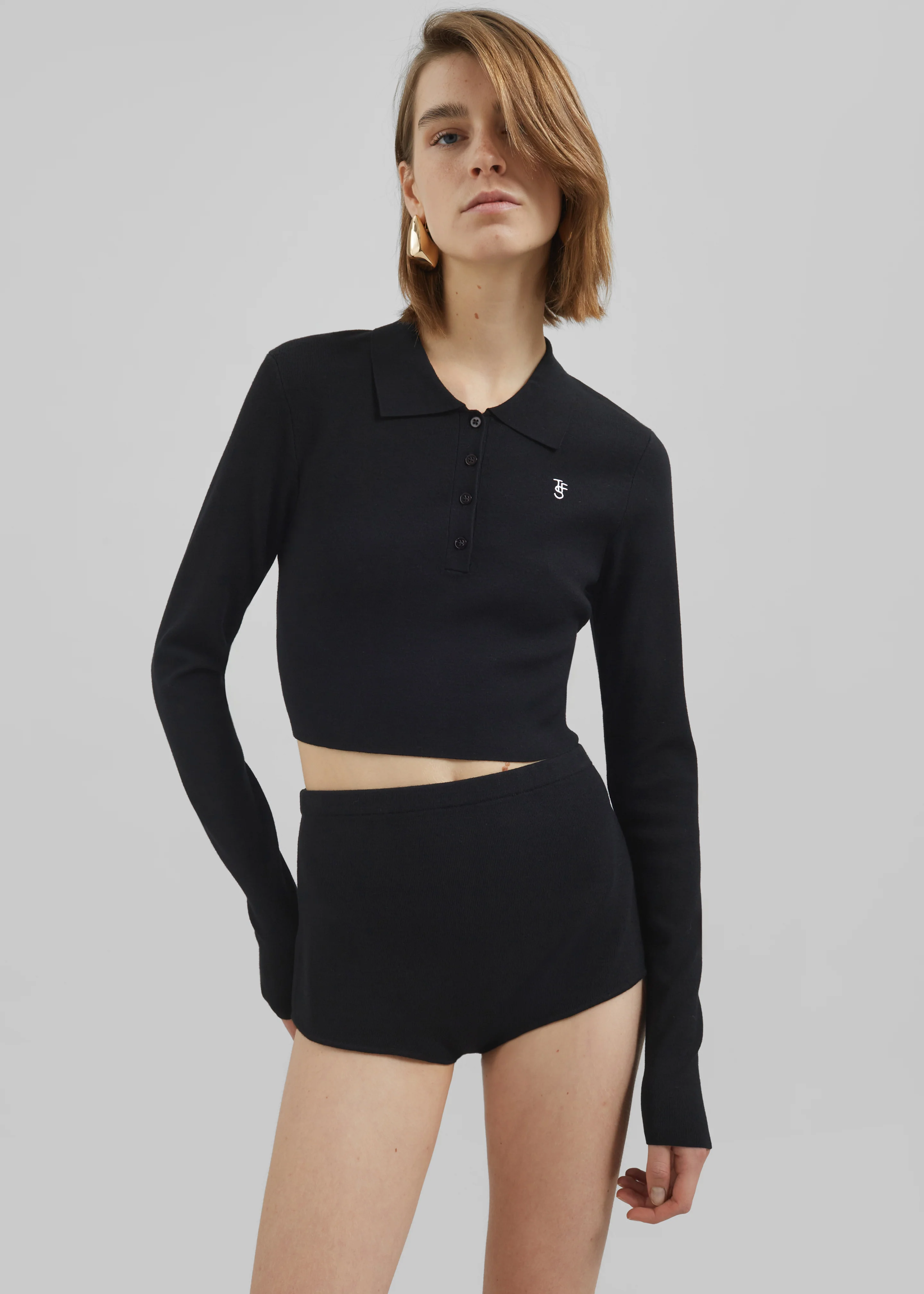 Giselle Cropped Knit Polo - Black - Image 5