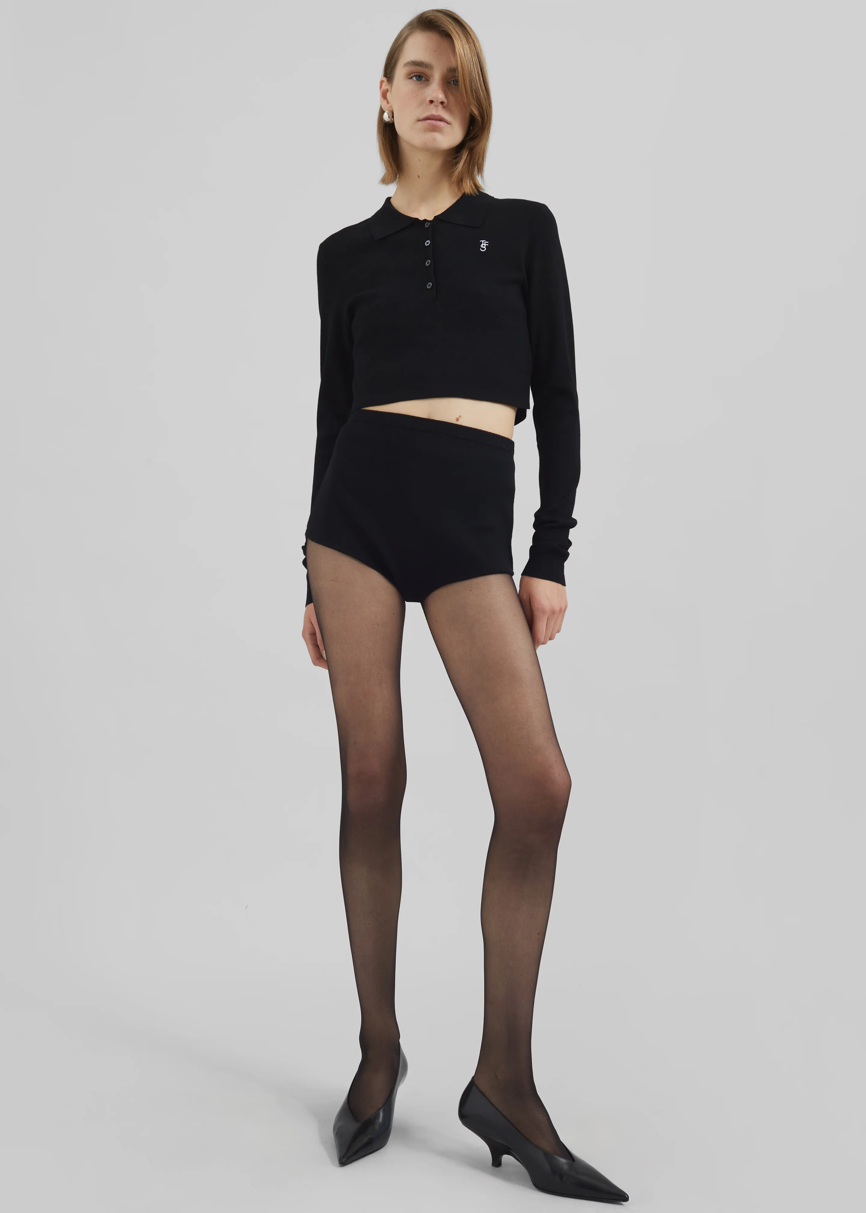 Giselle Cropped Knit Polo - Black - Image 8