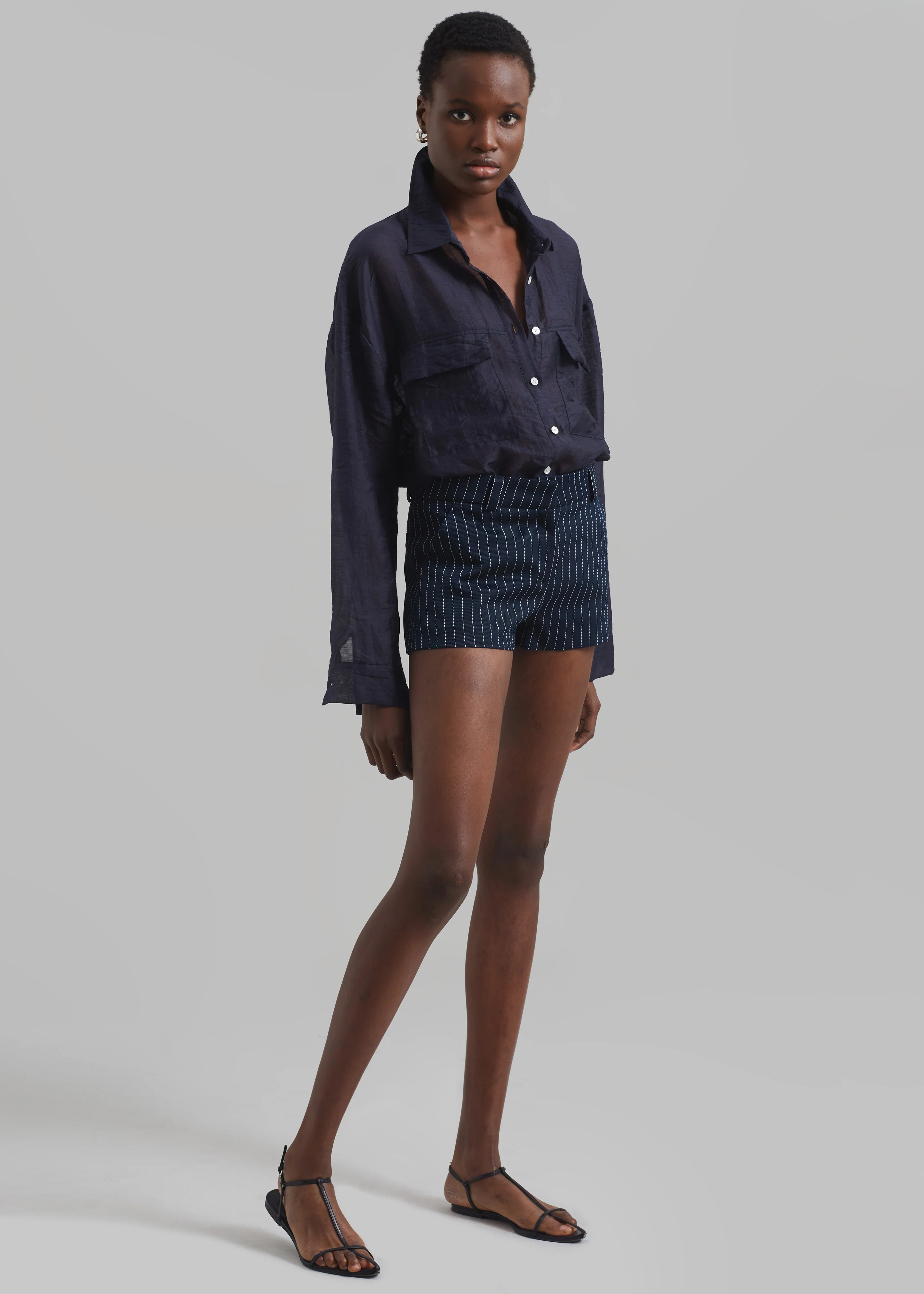 Kate Twill Mini Shorts - Navy/White Pinstripe - Image 6