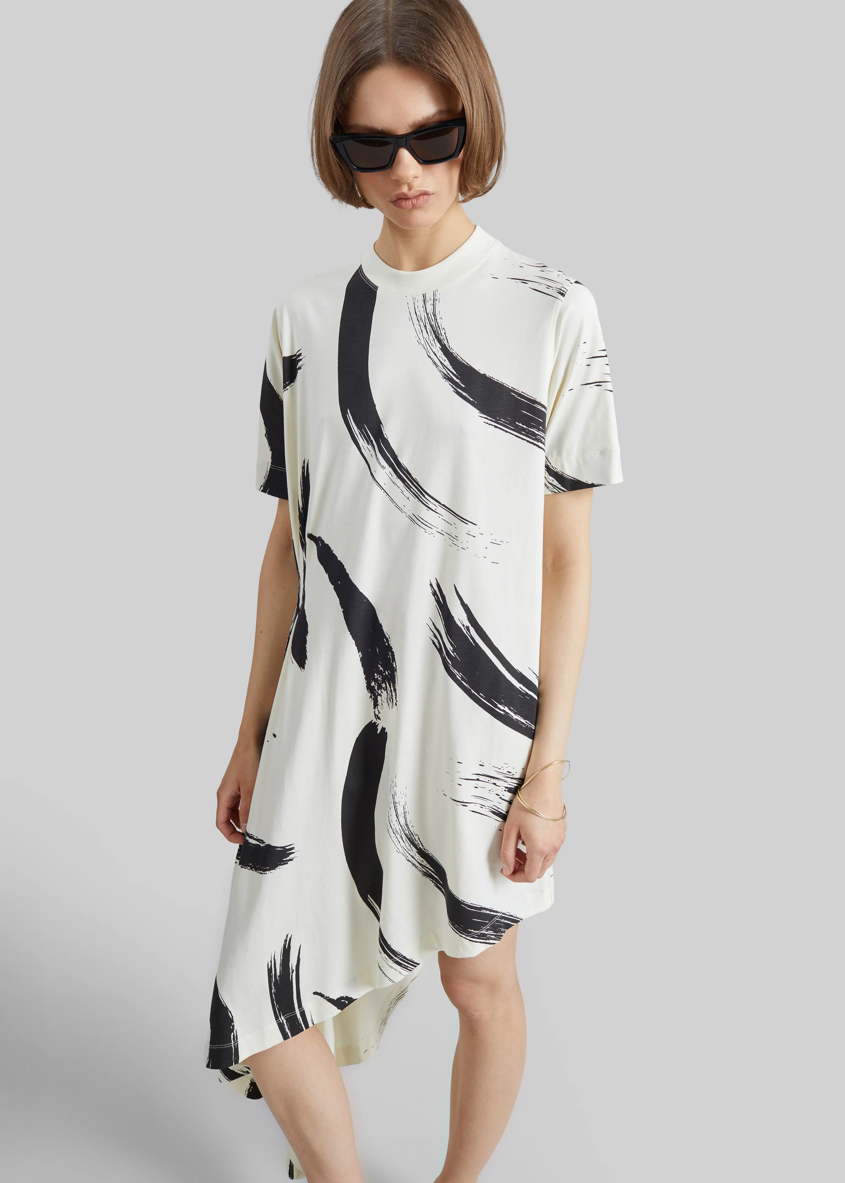 Loulou de Saison Liya Asymmetrical Cotton Dress - Ivory/Black - Image 2