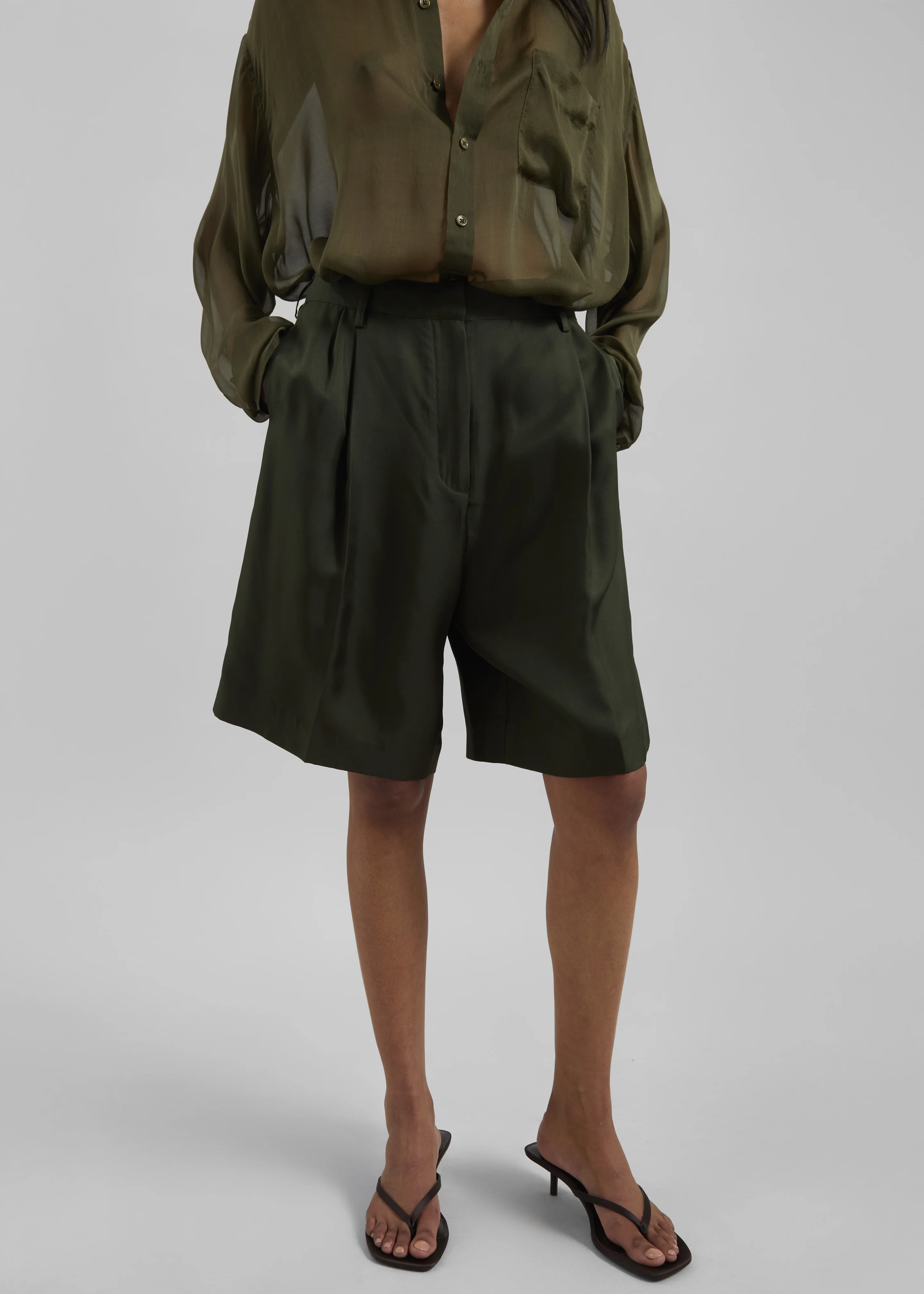 Marfa Pleated Silk Bermuda Shorts - Khaki - Image 2