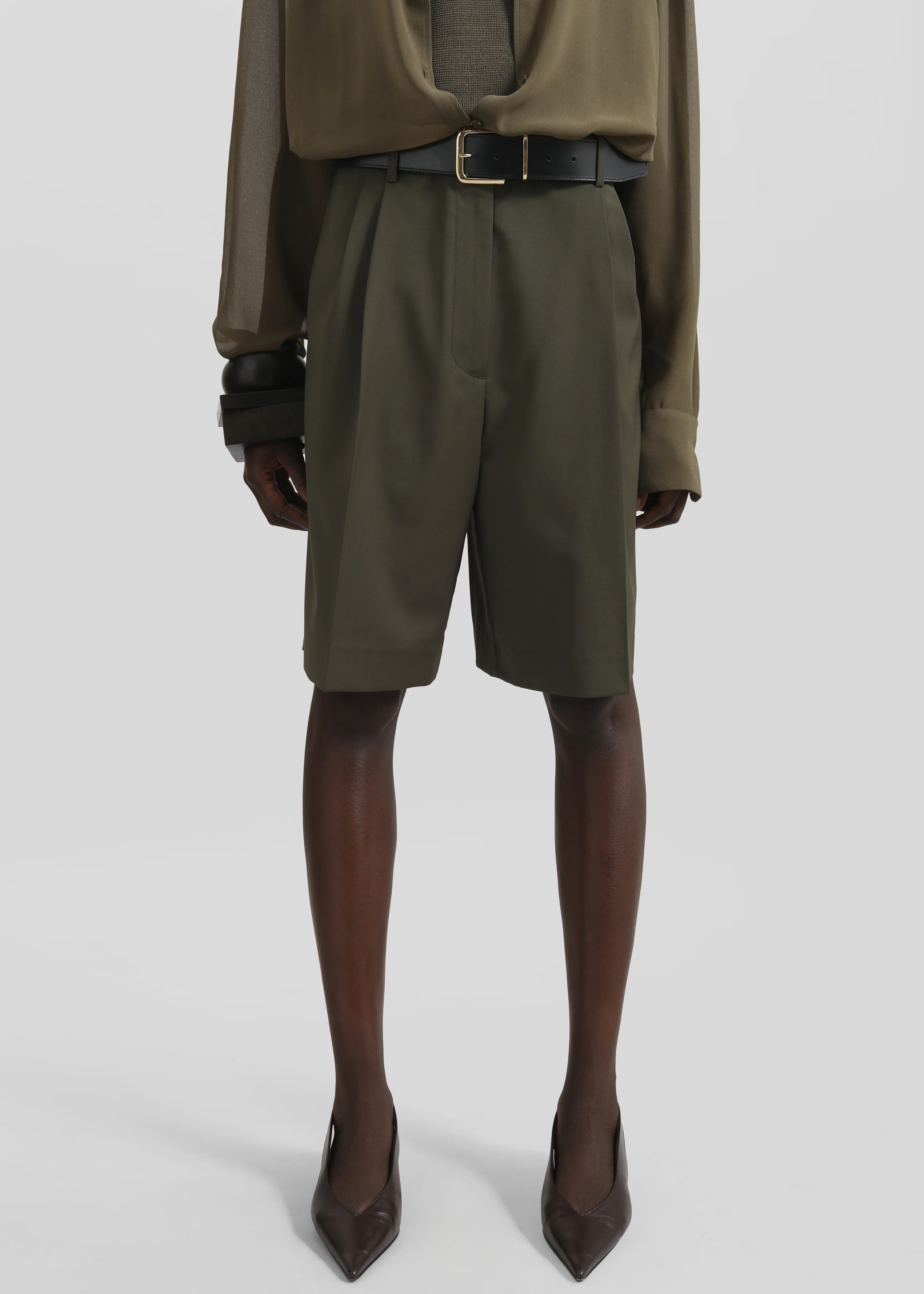 Marfa Pleated Wool Blend Bermuda Shorts - Khaki - Image 2