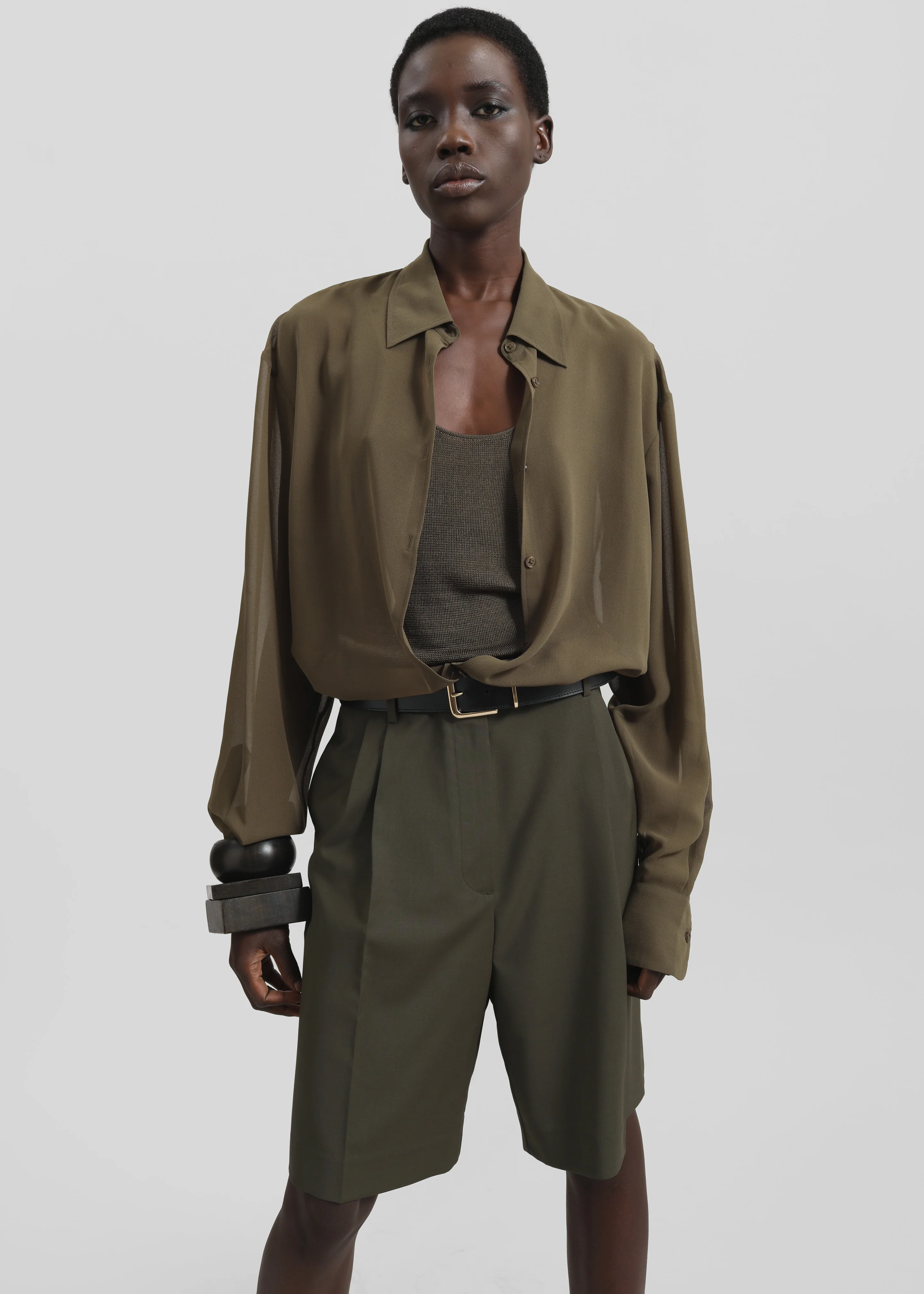 Marfa Pleated Wool Blend Bermuda Shorts - Khaki - Image 4