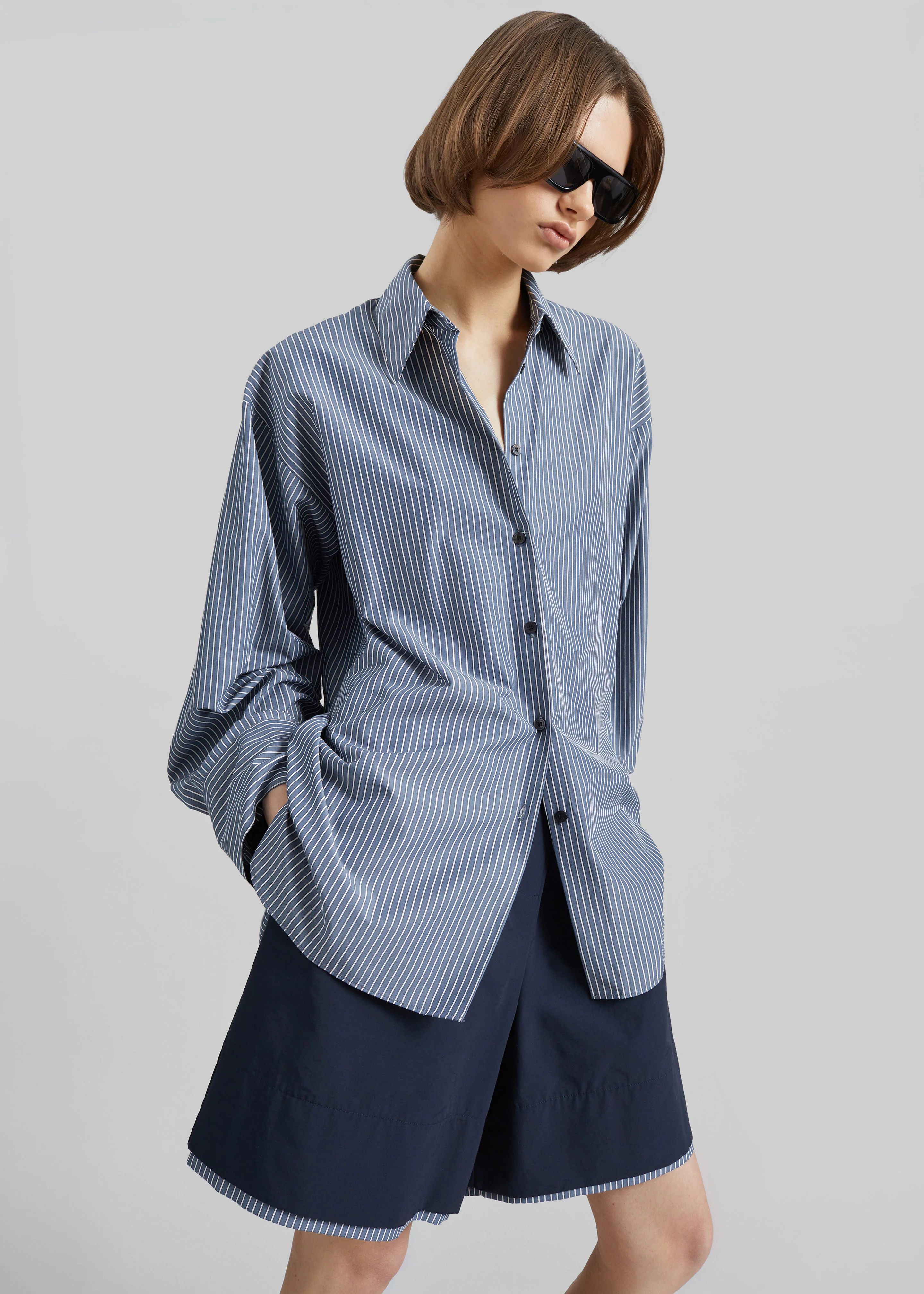 Menton Layered Hem Shorts - Navy/White Stripe - Image 7