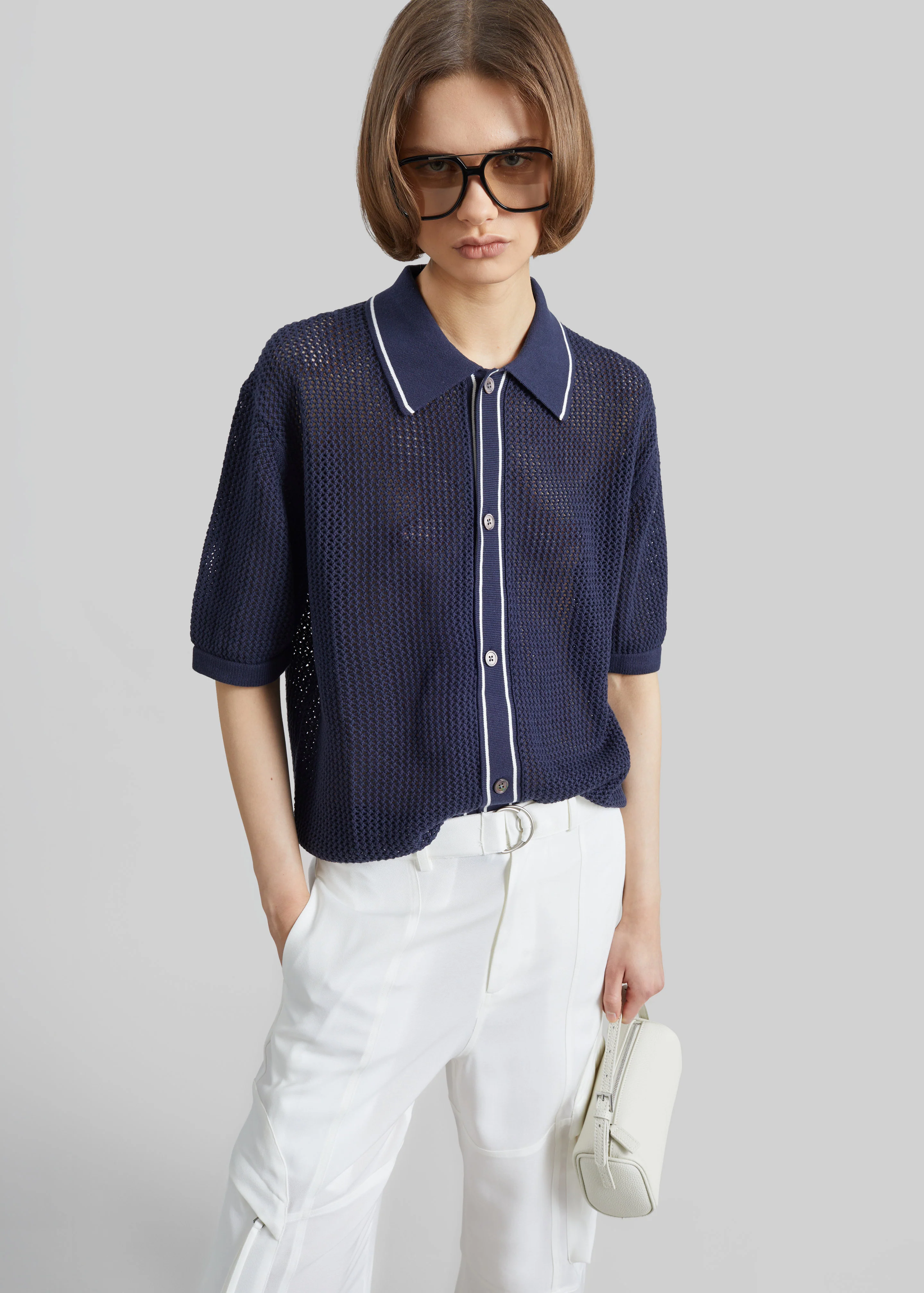 Monza Crochet Knit Cardigan - Navy