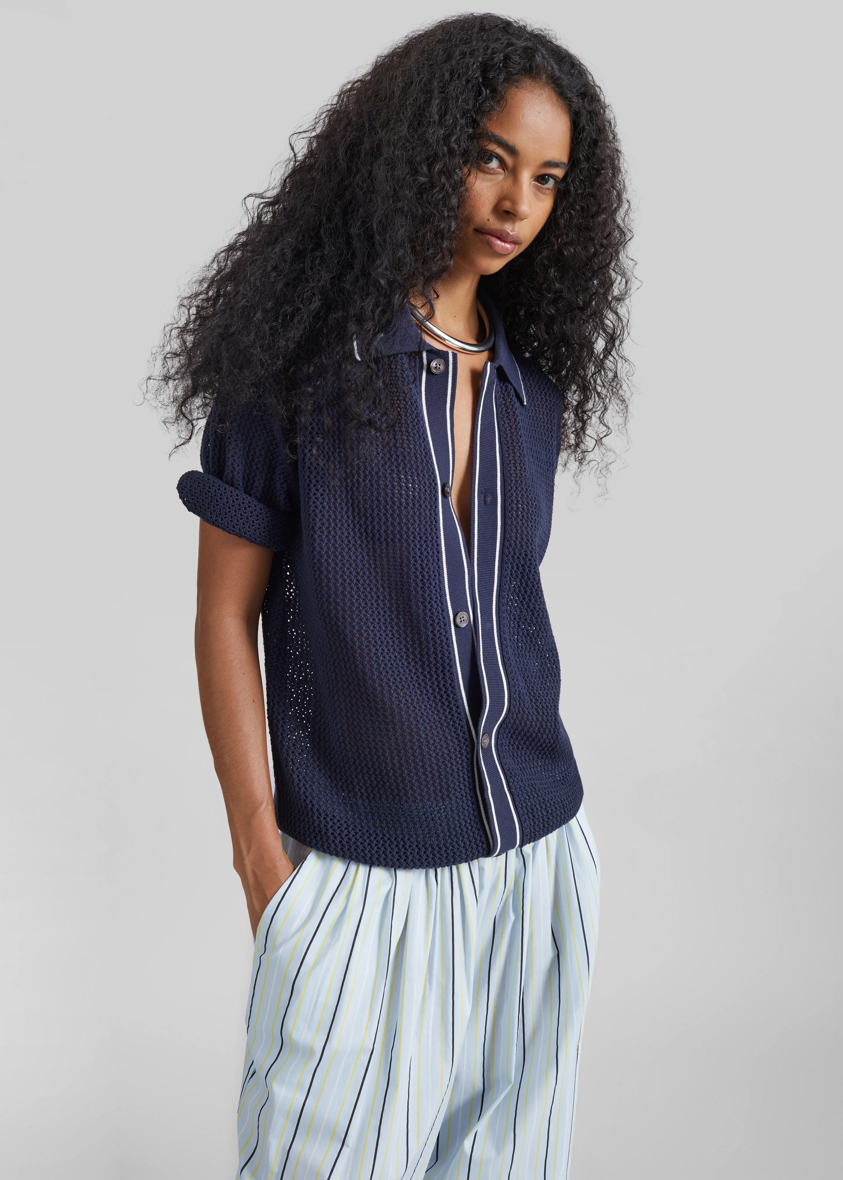 Monza Crochet Knit Cardigan - Navy - Image 5