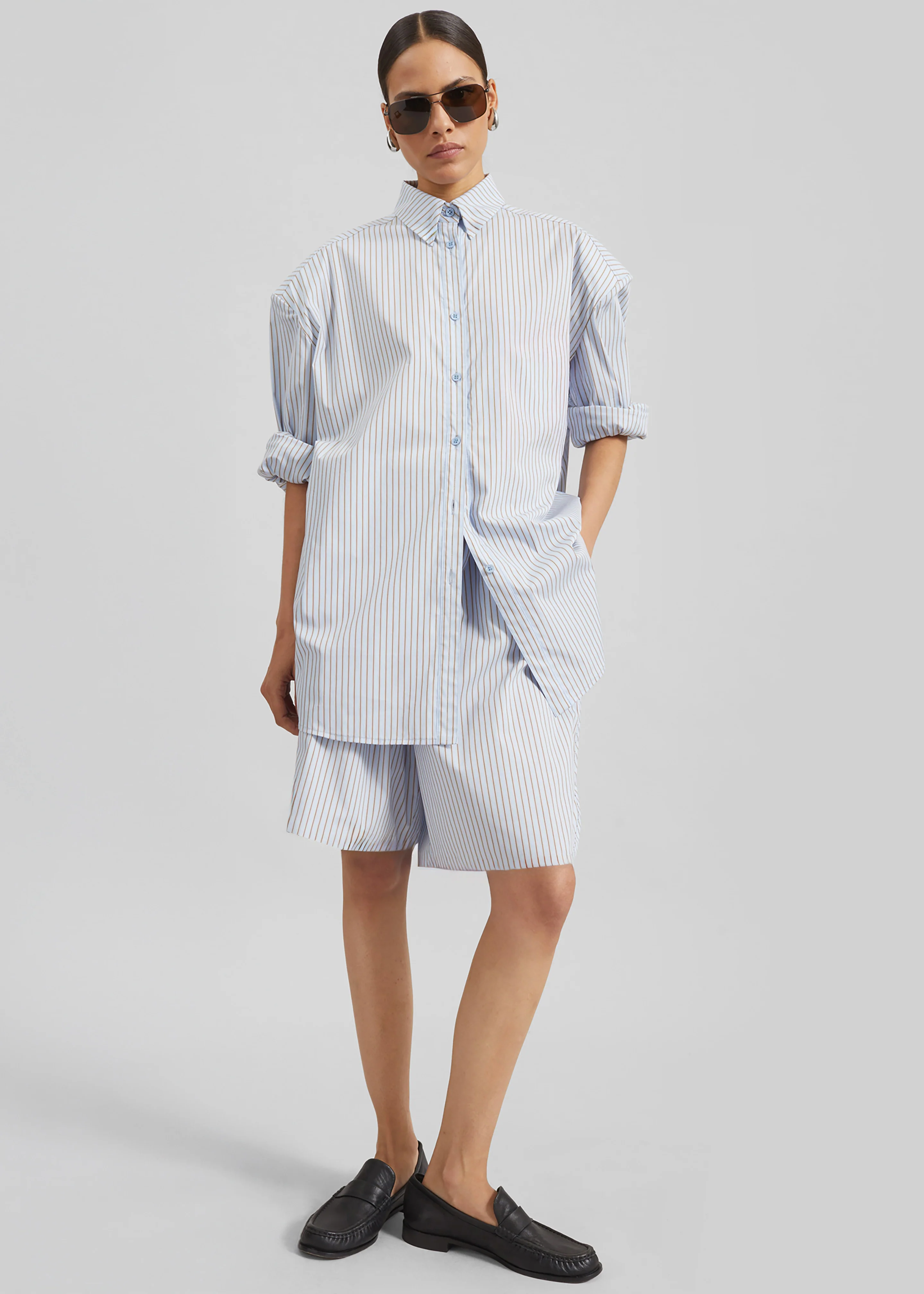 Oana Cotton Padded Shirt - Light Blue/Brown Stripe - Image 6
