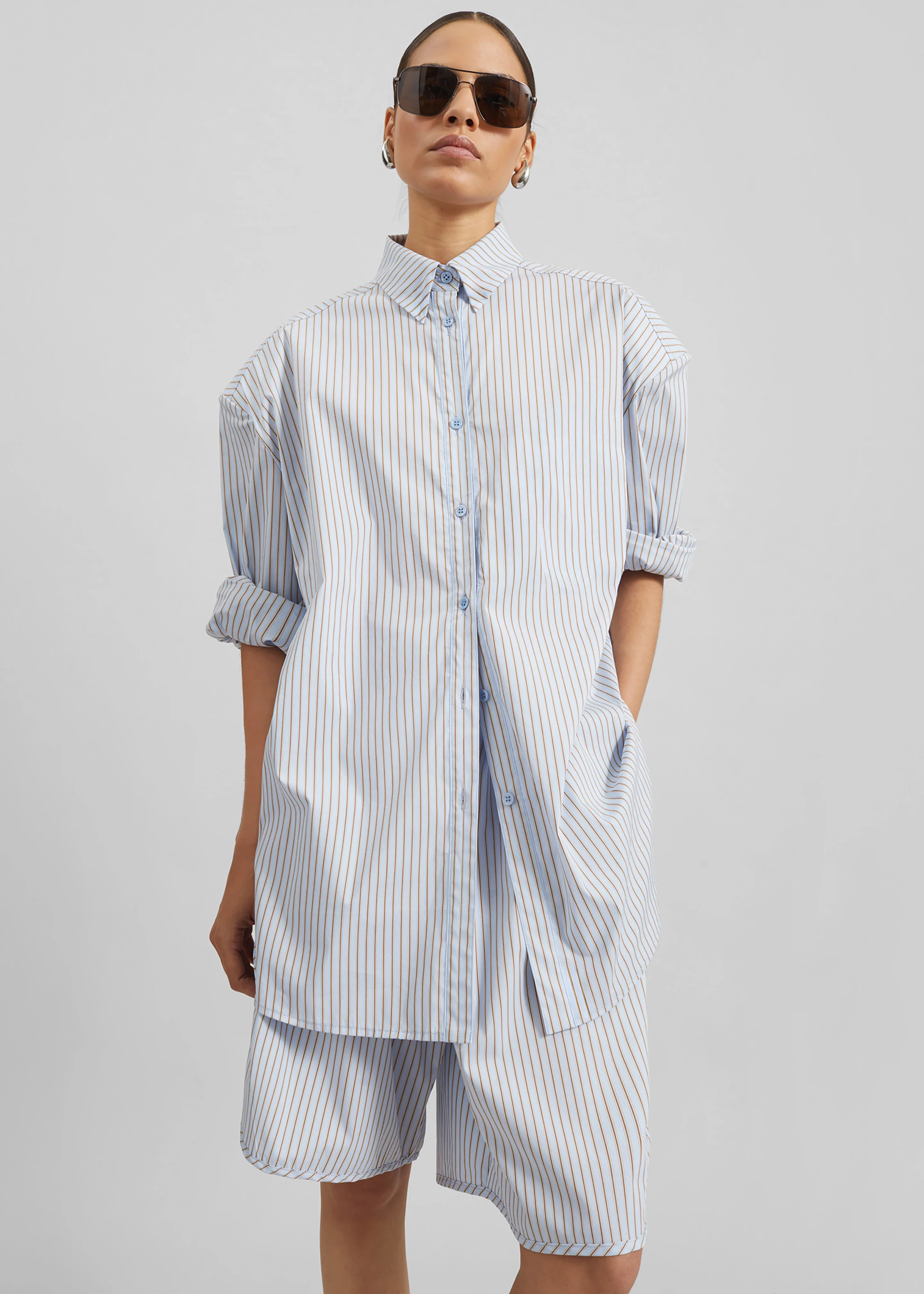 Oana Cotton Padded Shirt - Light Blue/Brown Stripe - Image 7