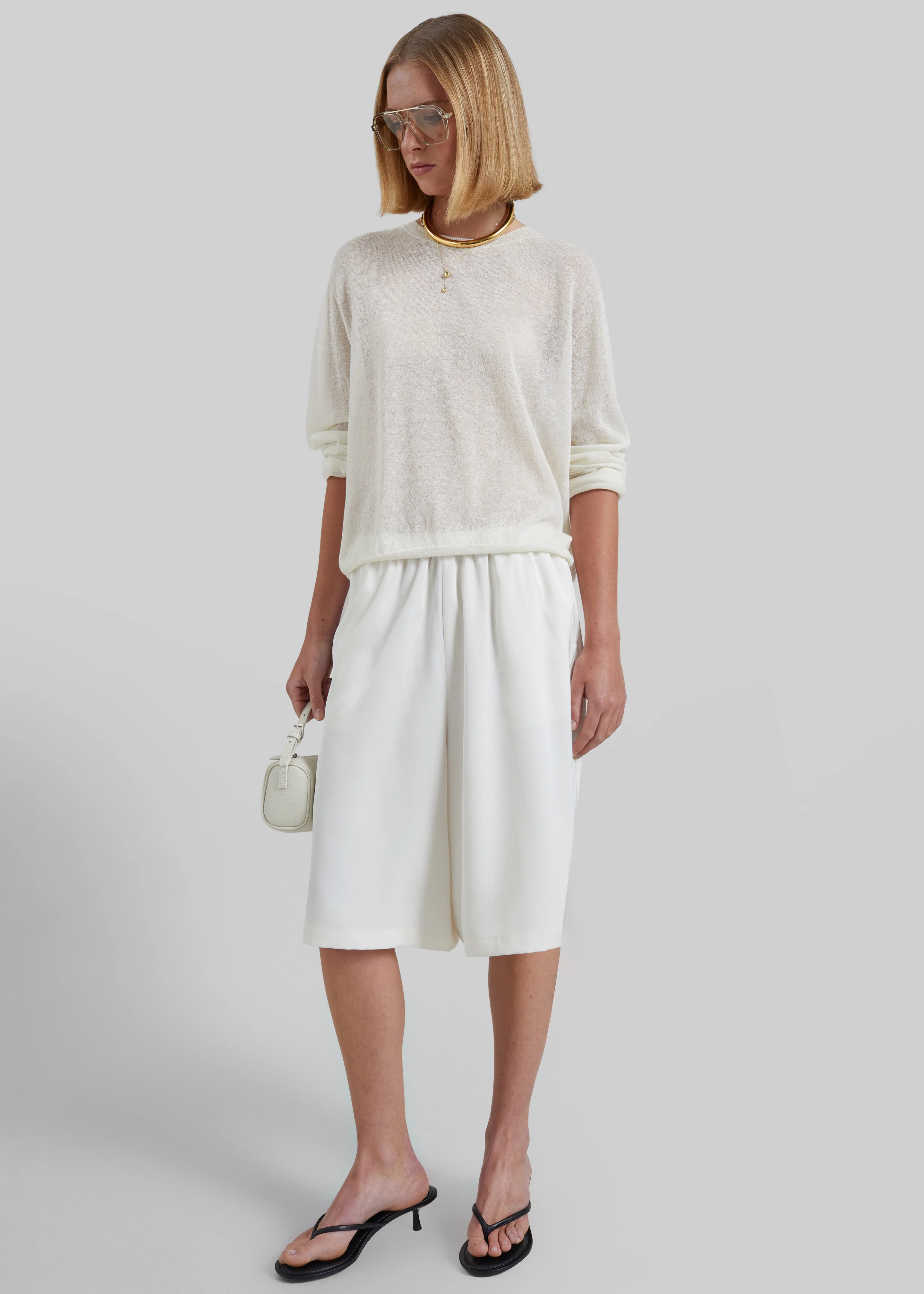 Olyne Satin Wide Bermuda Shorts - Ivory