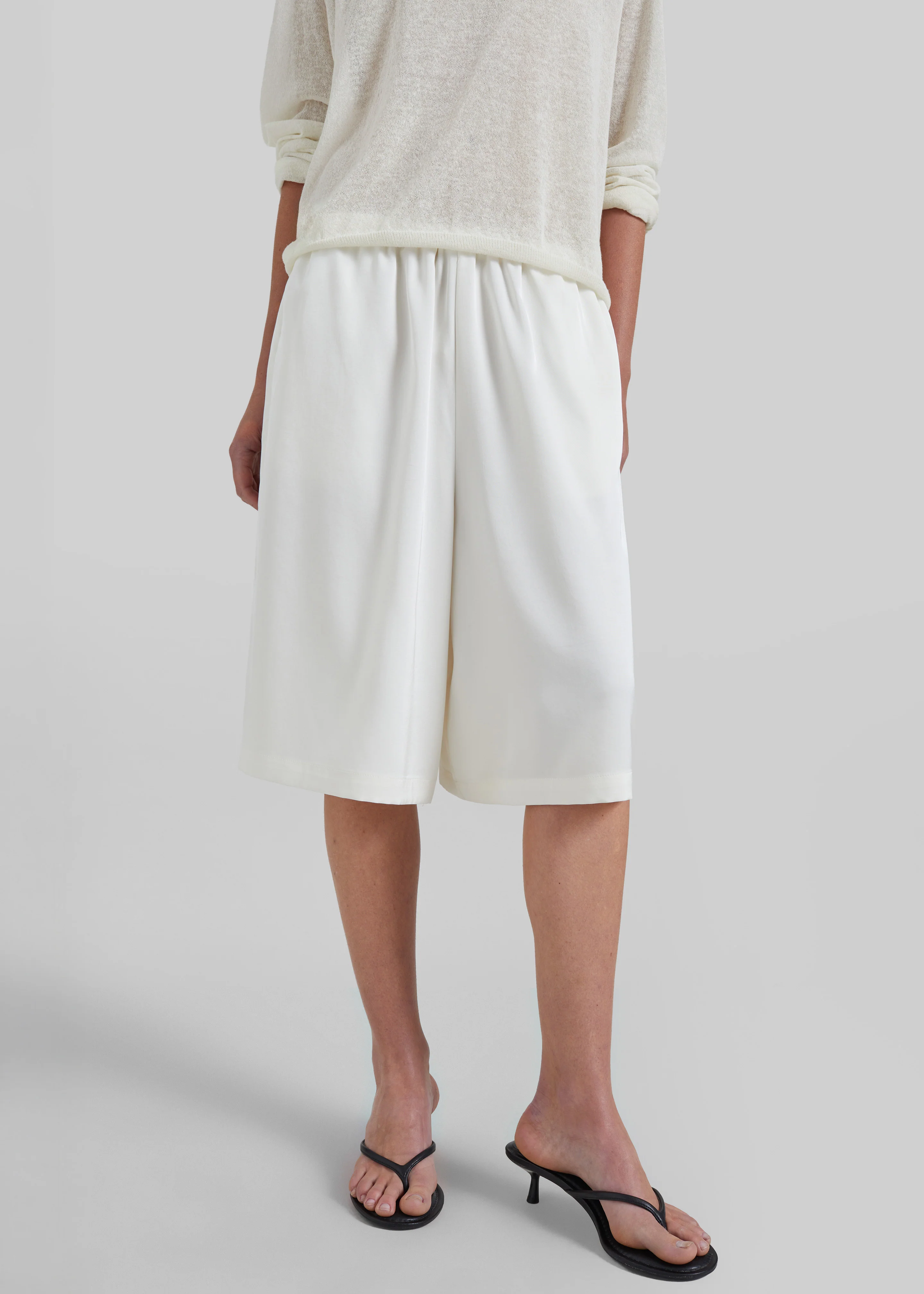 Olyne Satin Wide Bermuda Shorts - Ivory - Image 2