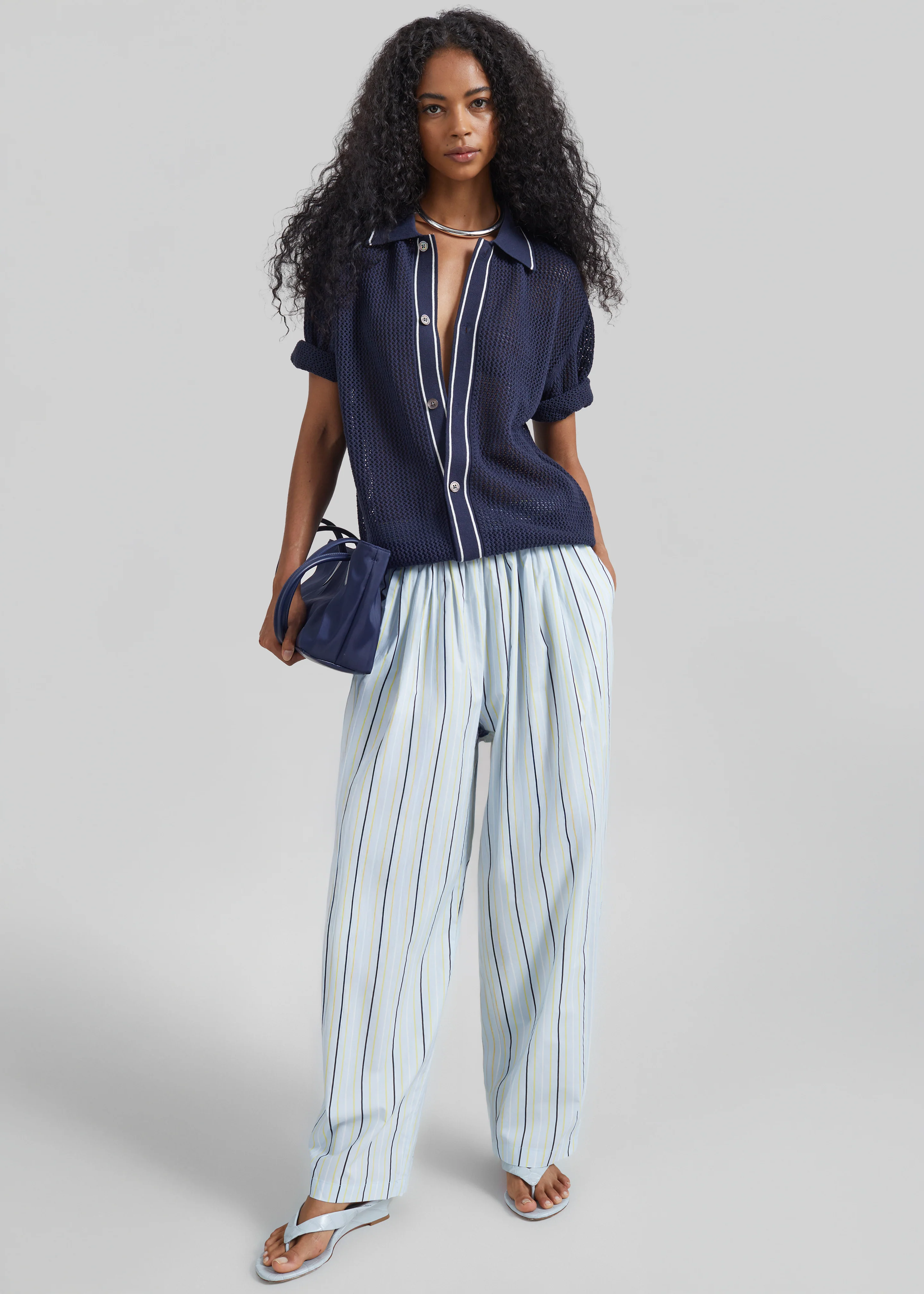 Otranto Cotton Barrel Leg Pants - Blue Multi Stripe - Image 5