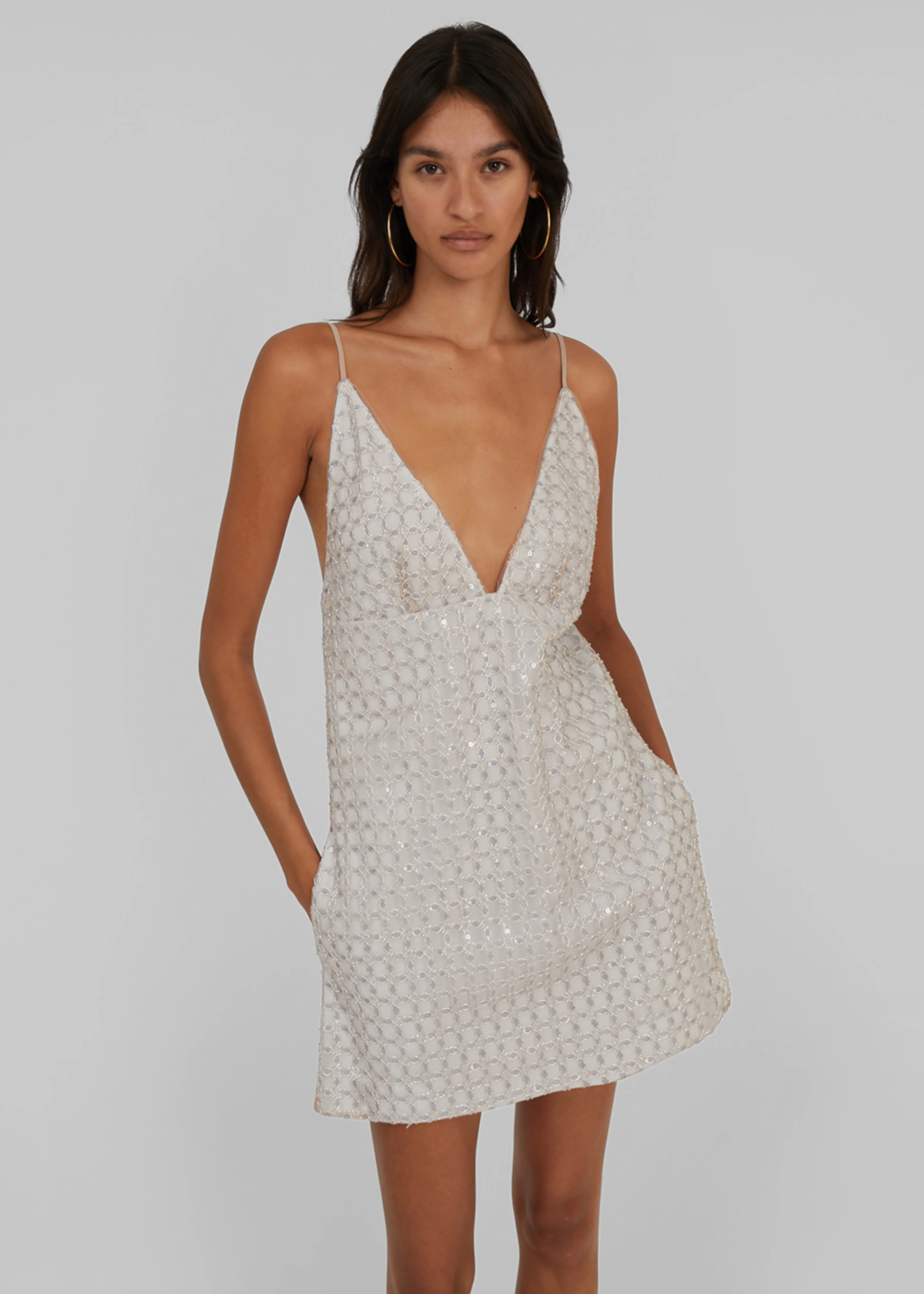 Rotate Beaded A-Line Mini Dress - Beige - Image 3