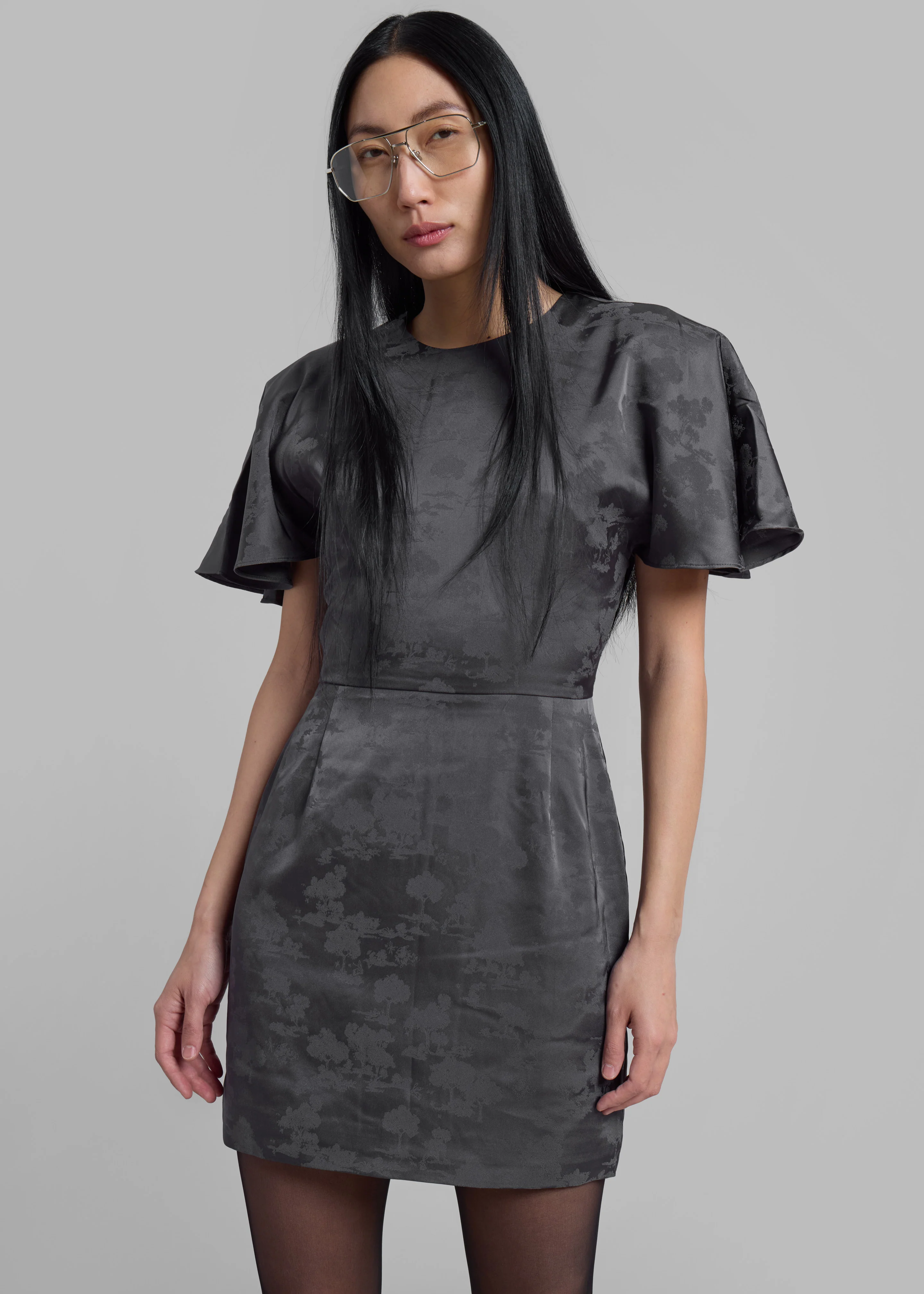 Rotate Short Sleeve Mini Dress - Gray Print - Image 3