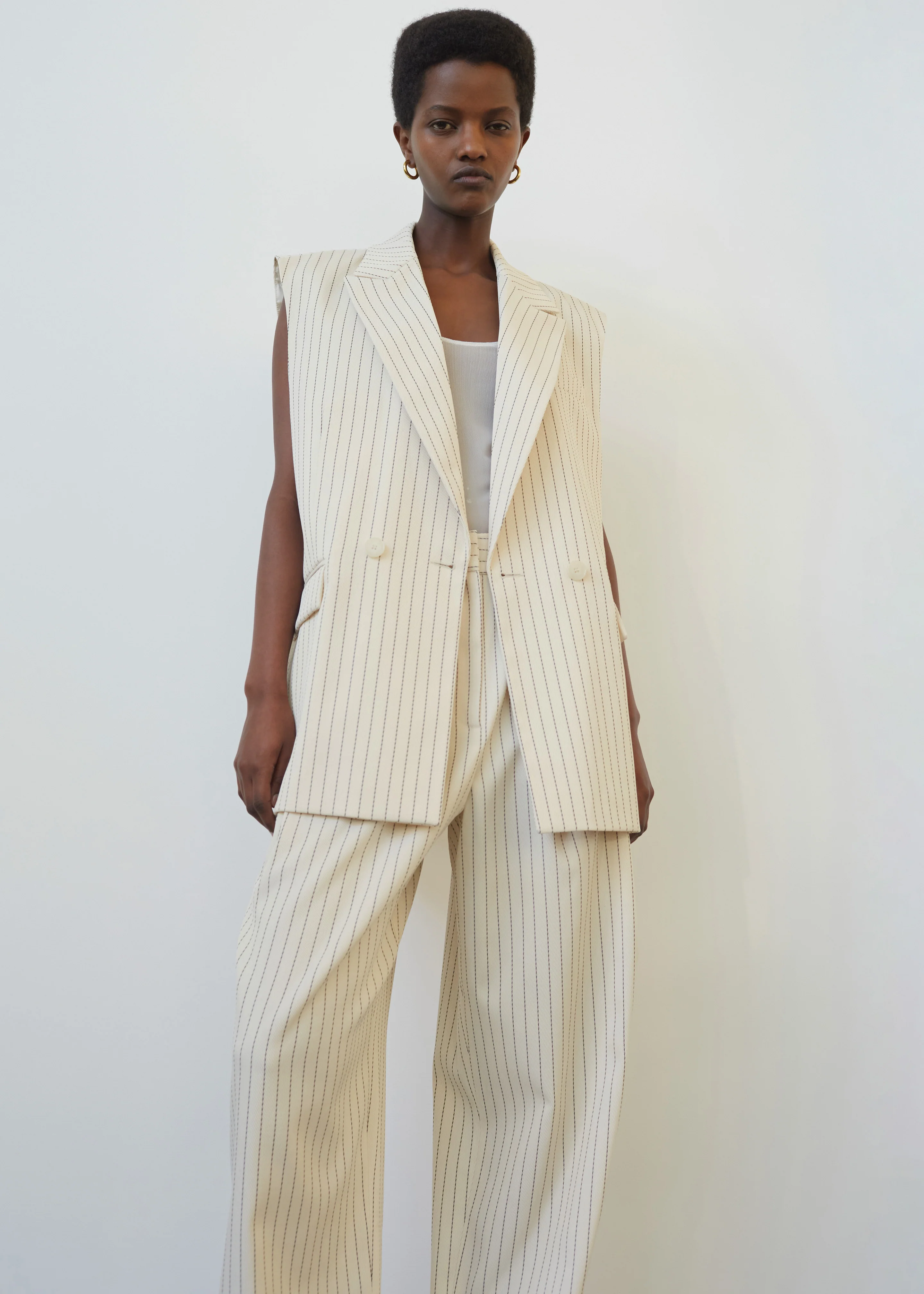 Shane Twill Double Breasted Vest - Light Beige/Black Pinstripe - Image 2