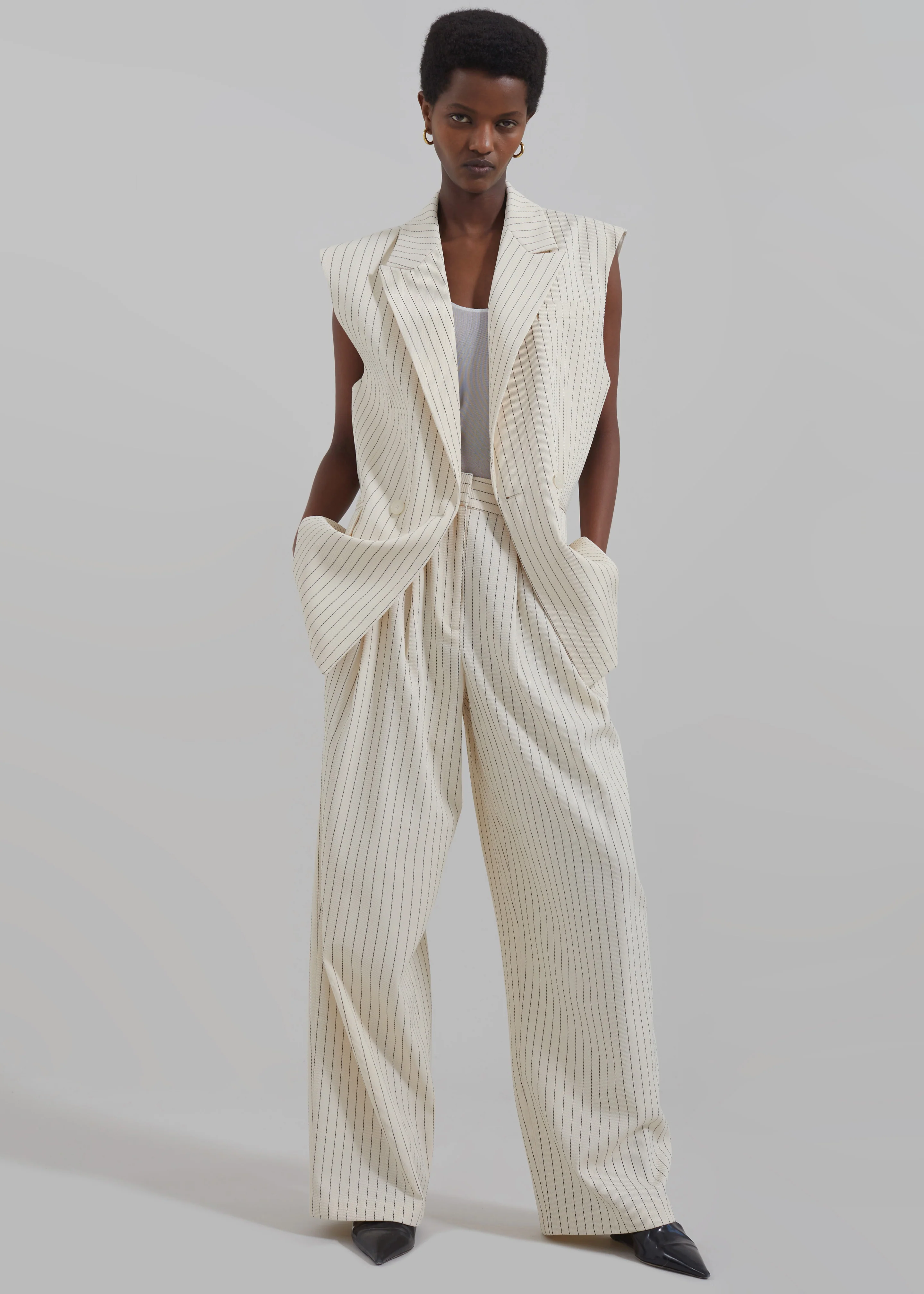 Shane Twill Double Breasted Vest - Light Beige/Black Pinstripe - Image 3