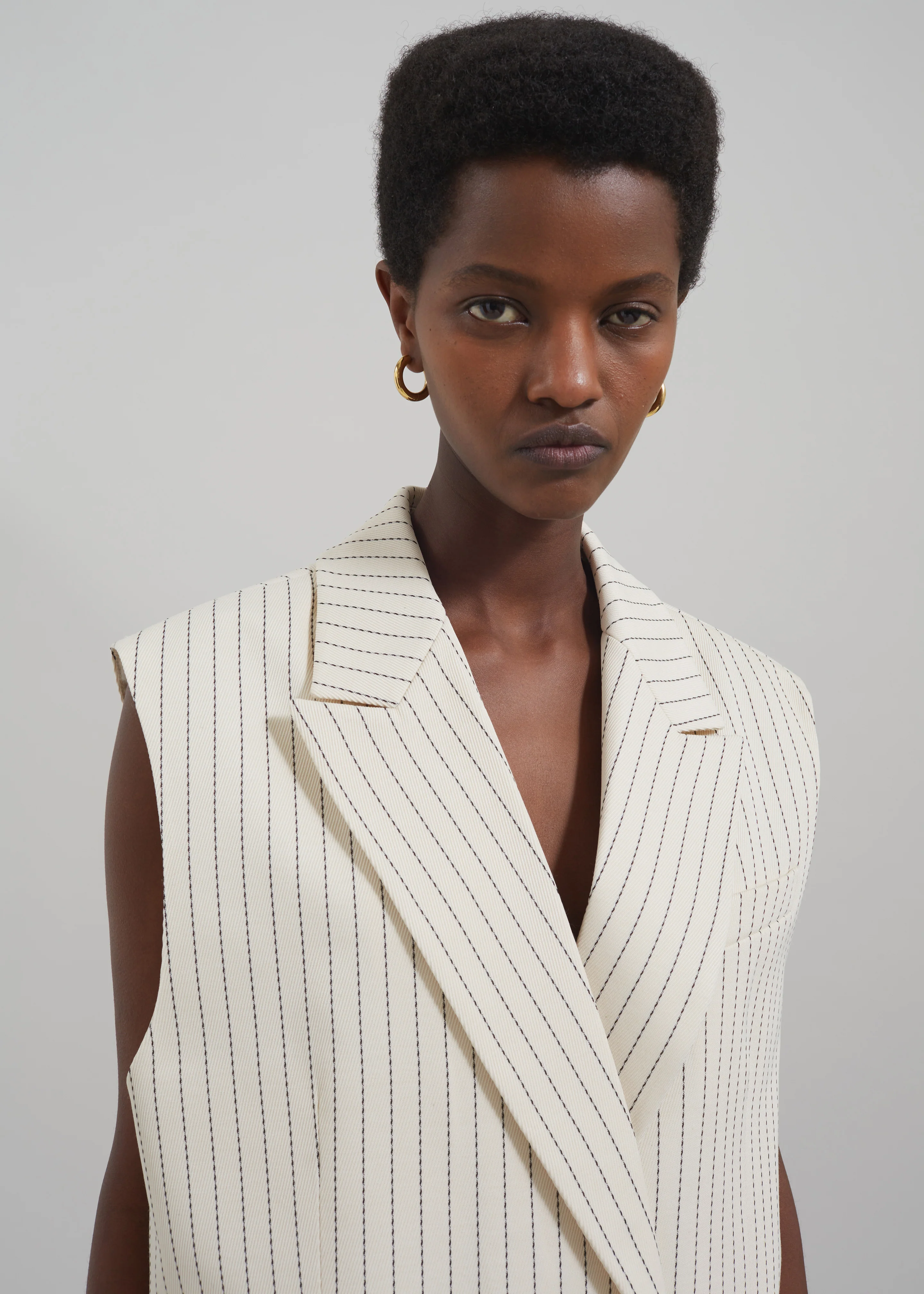 Shane Twill Double Breasted Vest - Light Beige/Black Pinstripe - Image 4
