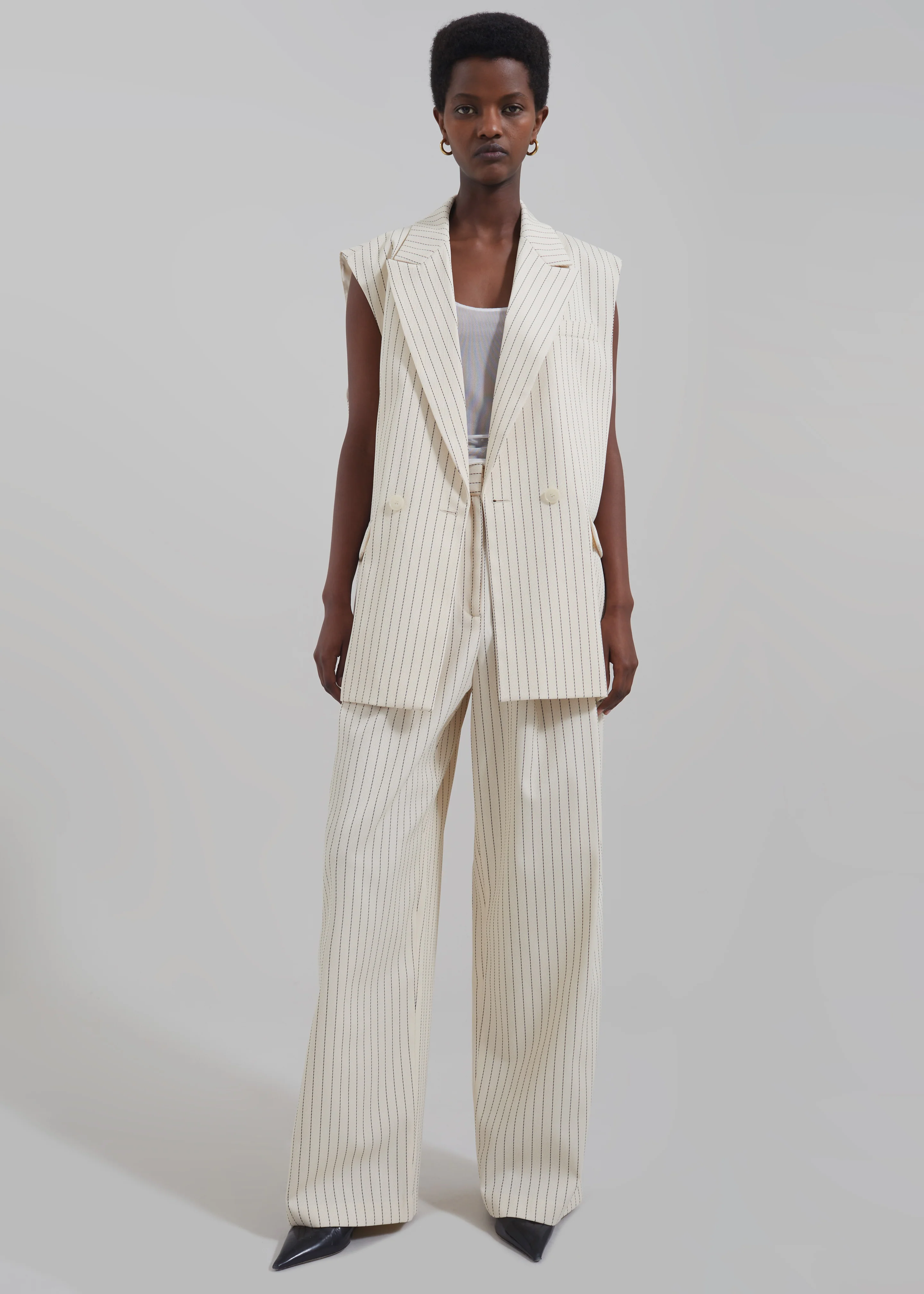 Shane Twill Double Breasted Vest - Light Beige/Black Pinstripe - Image 5