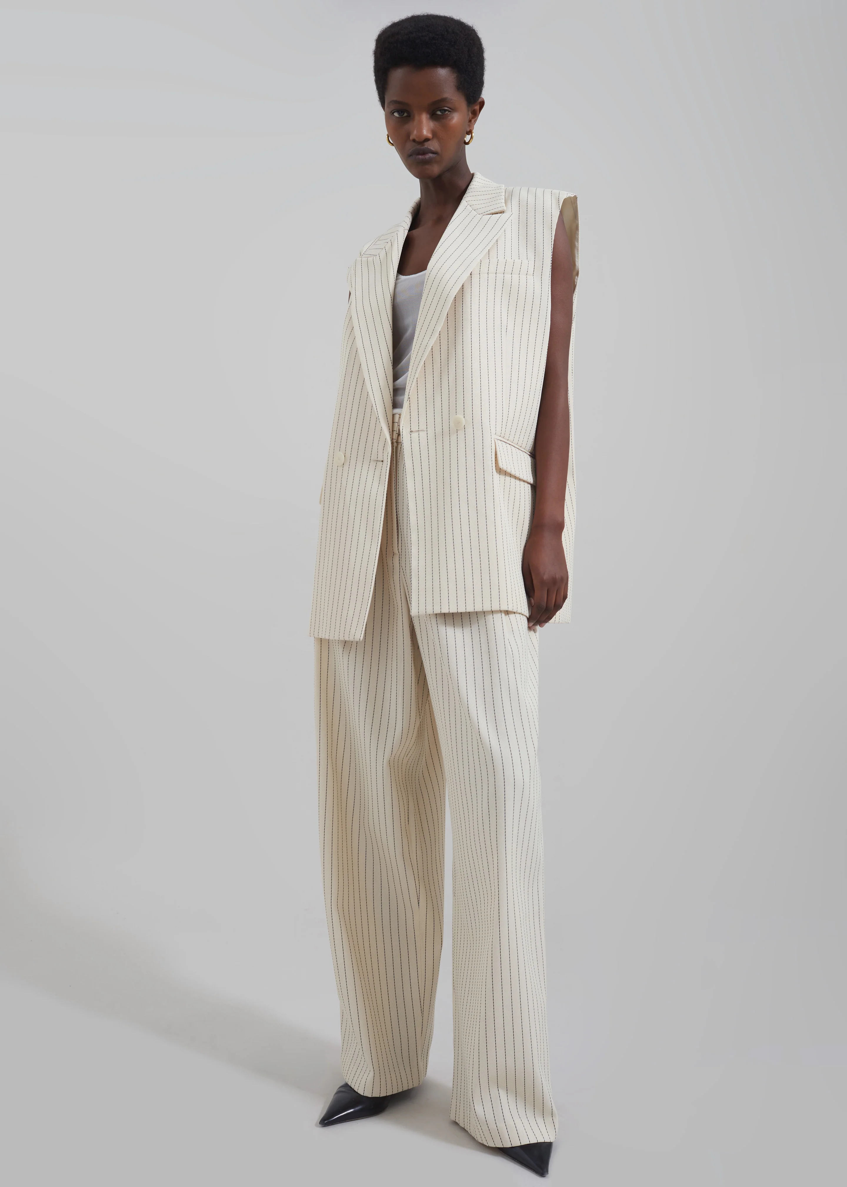 Shane Twill Double Breasted Vest - Light Beige/Black Pinstripe - Image 6