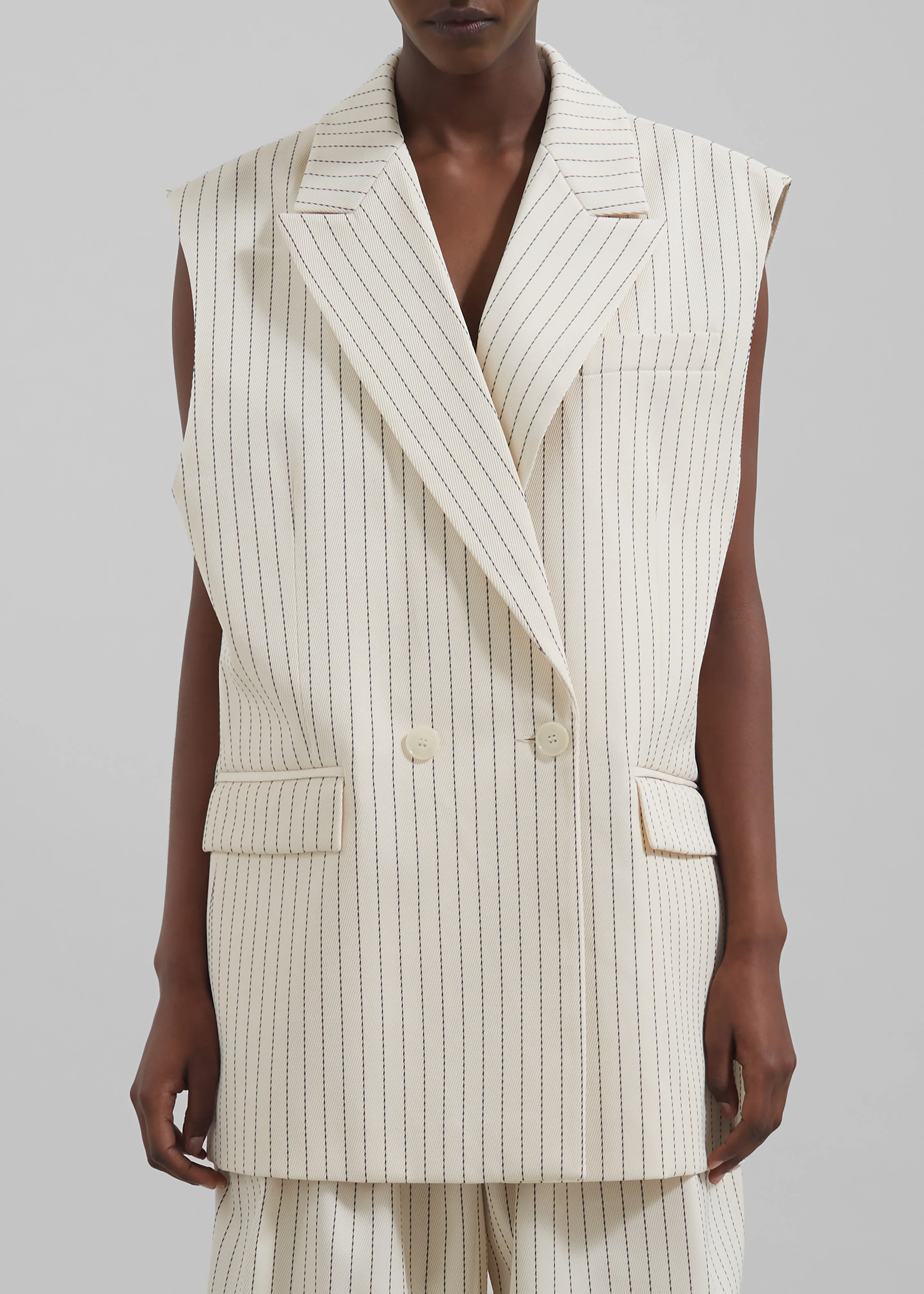 Shane Twill Double Breasted Vest - Light Beige/Black Pinstripe - Image 7