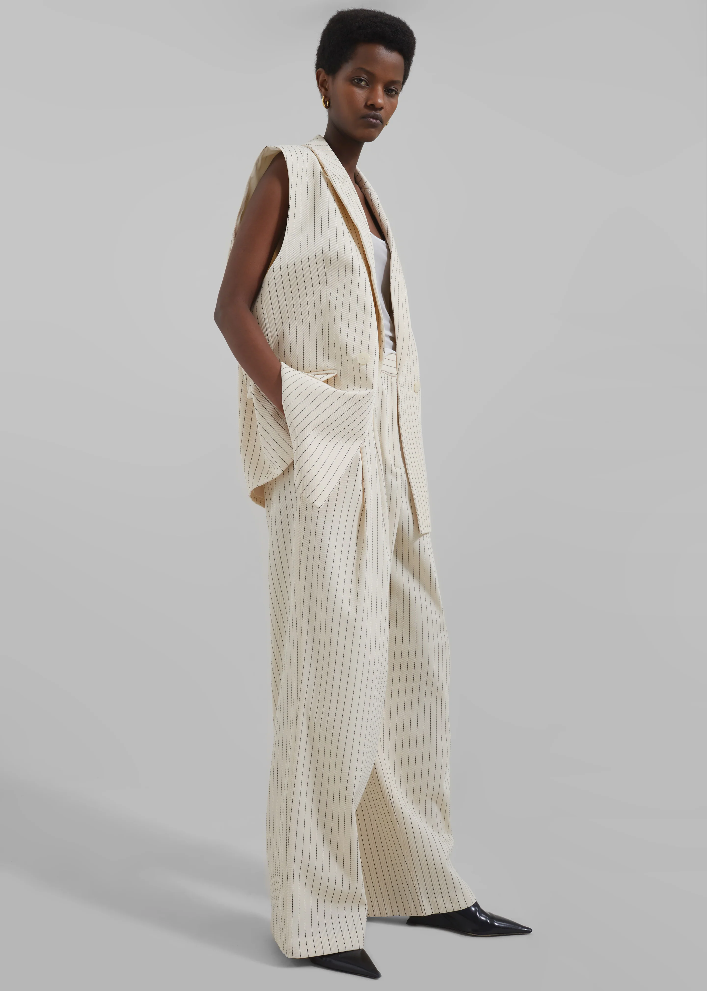 Shane Twill Double Breasted Vest - Light Beige/Black Pinstripe - Image 8