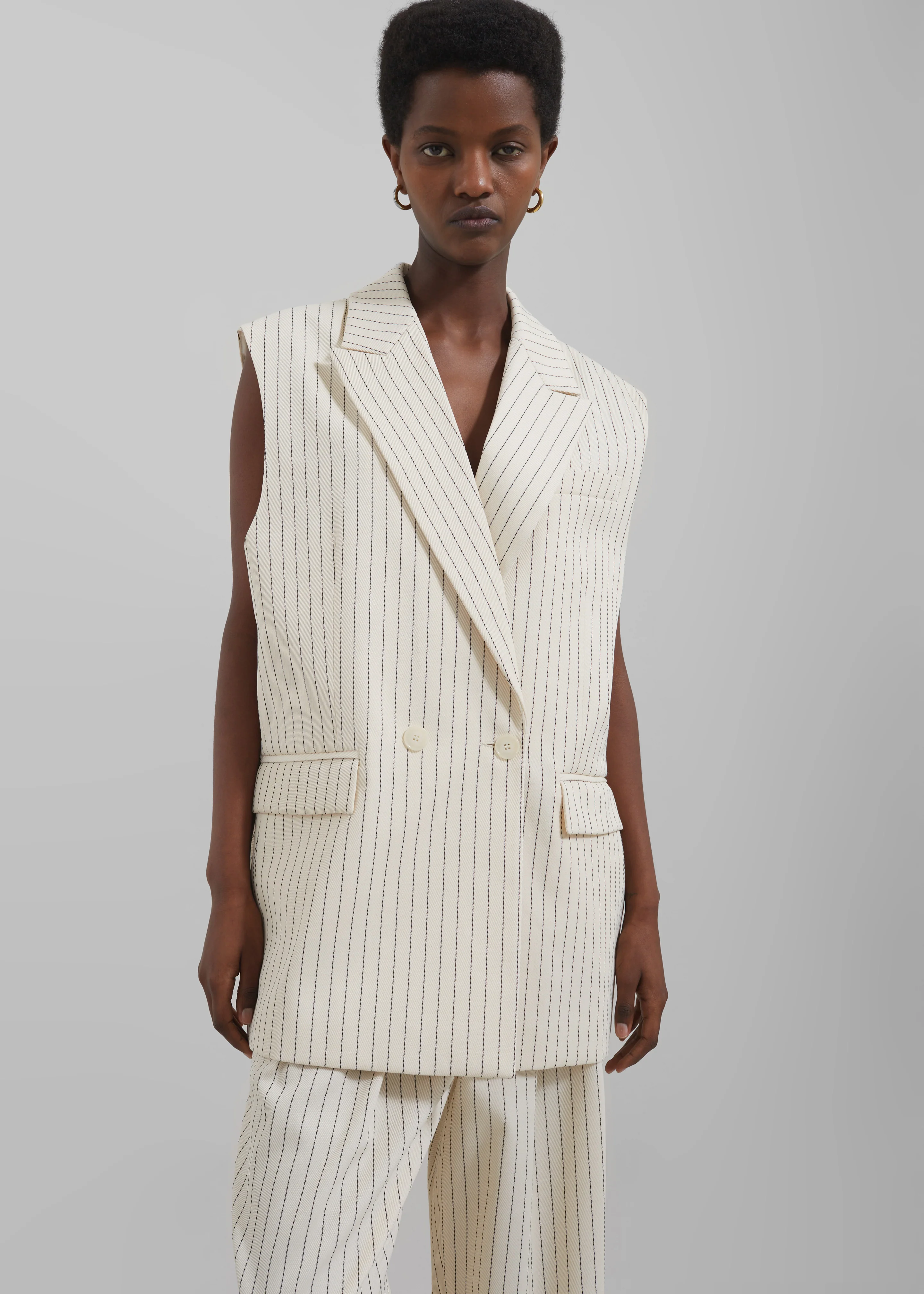 Shane Twill Double Breasted Vest - Light Beige/Black Pinstripe - Image 9