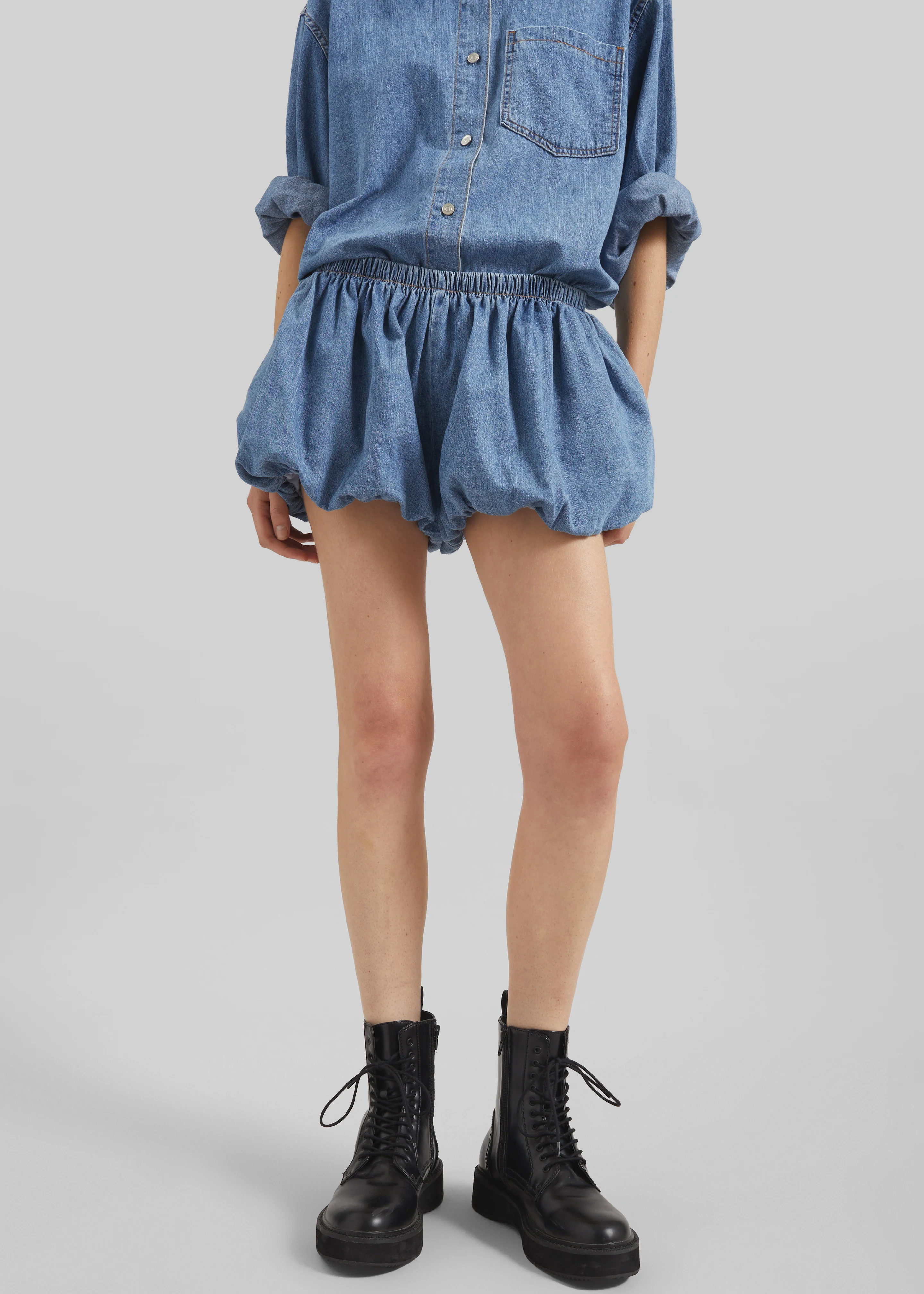 Varzy Denim Bubble Hem Shorts - Medium Wash - Image 2