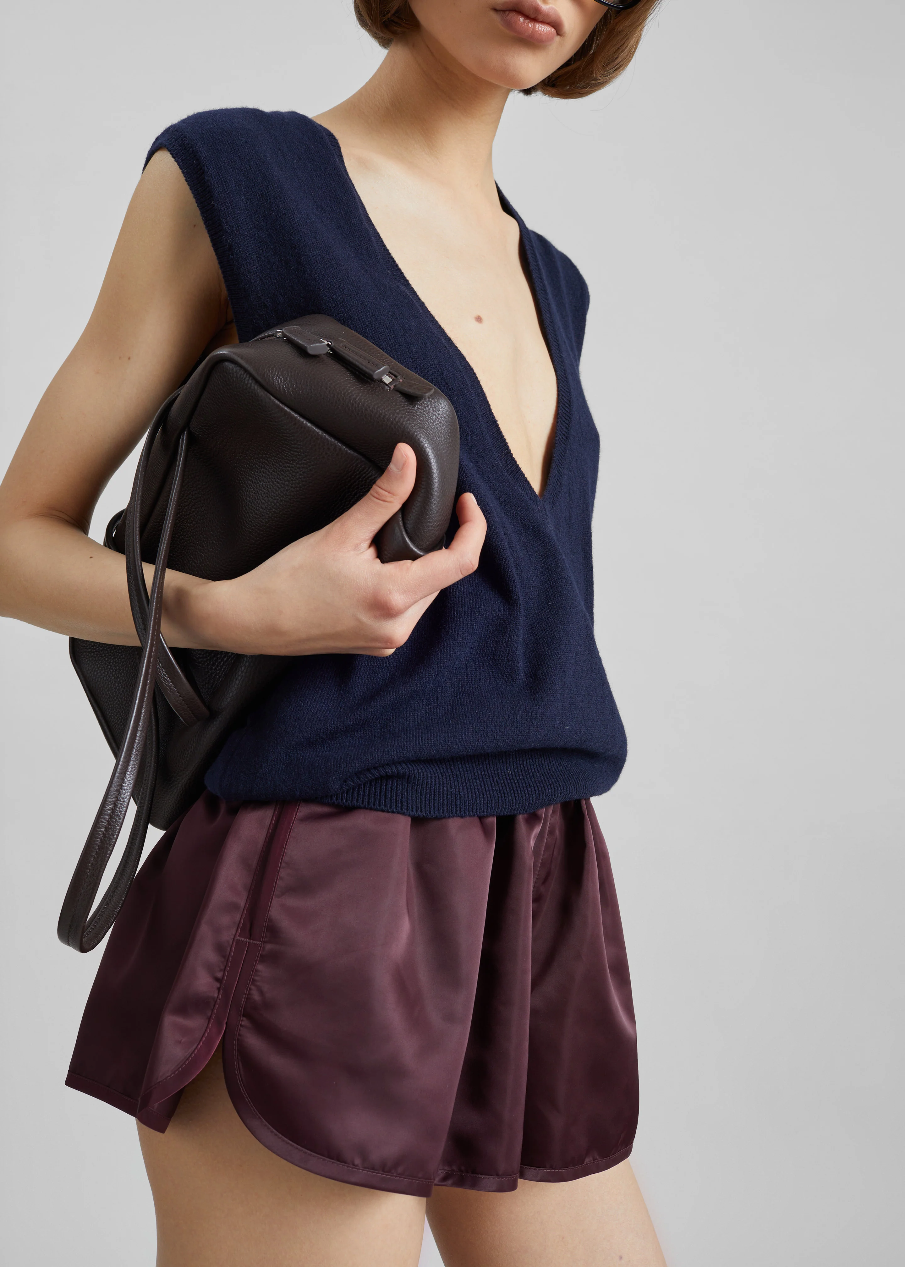 Zafra Satin Mini Shorts - Dark Plum - Image 7