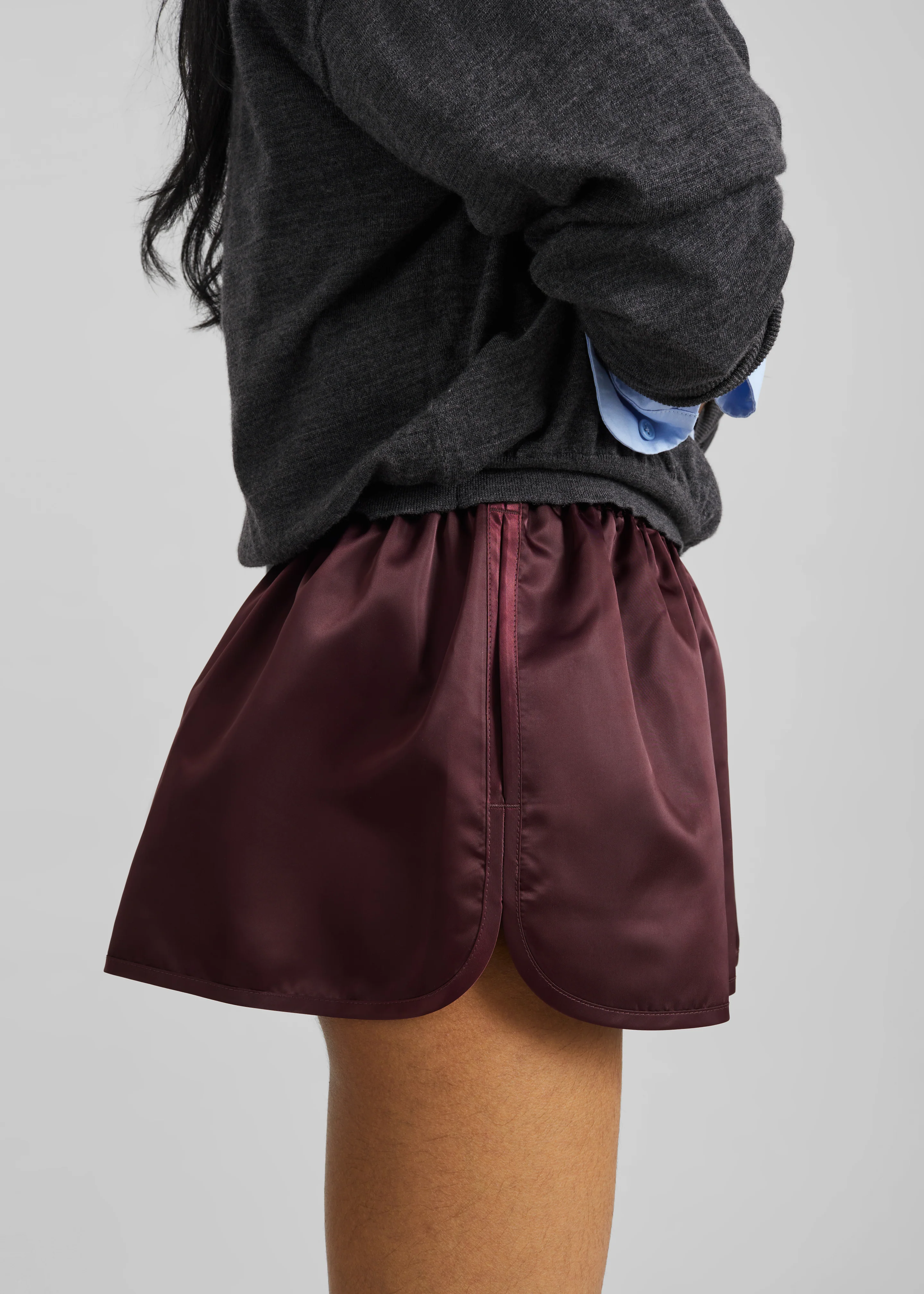 Zafra Satin Mini Shorts - Dark Plum - Image 9