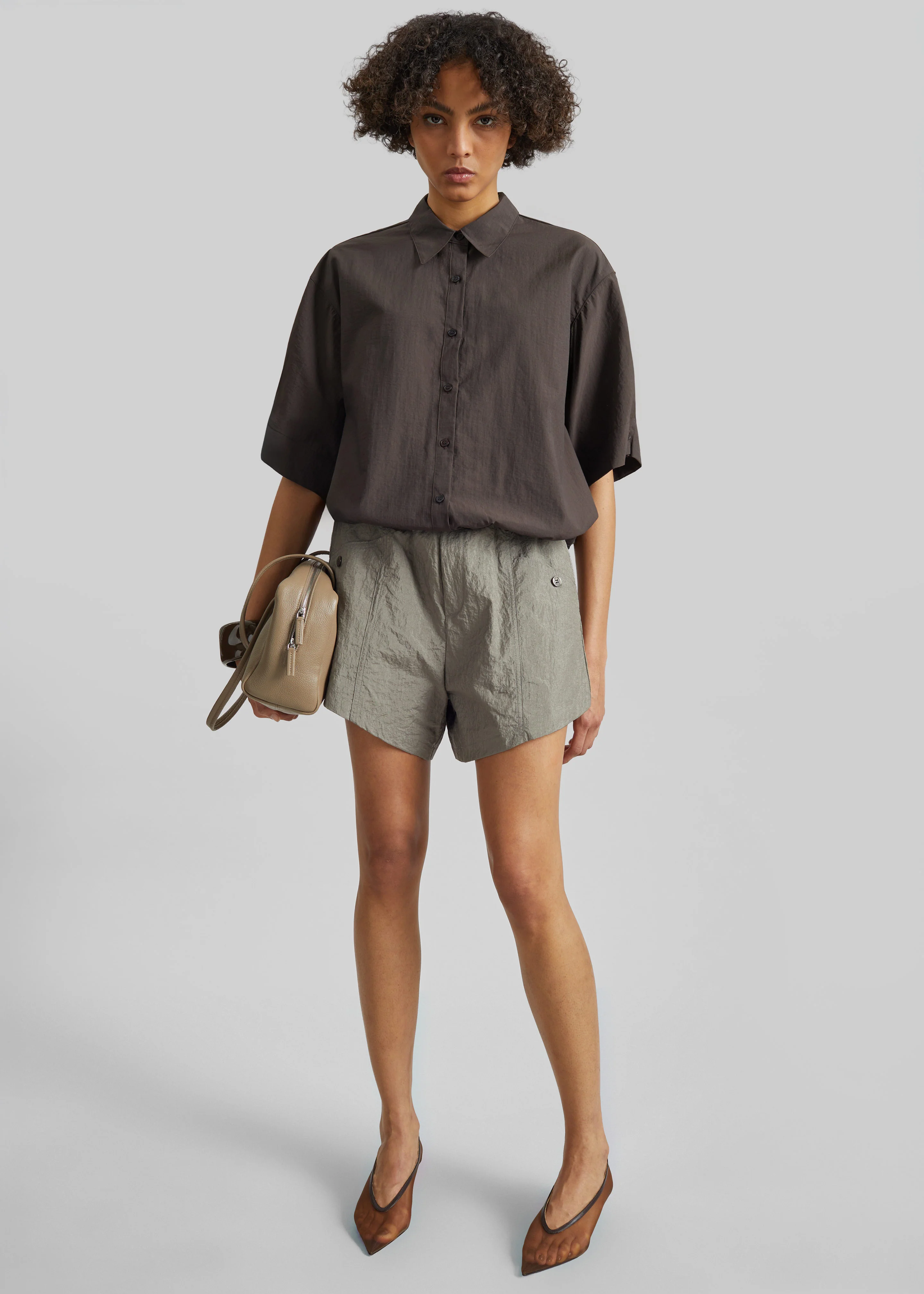 Zamora Textured Mini Shorts - Mocha - Image 3