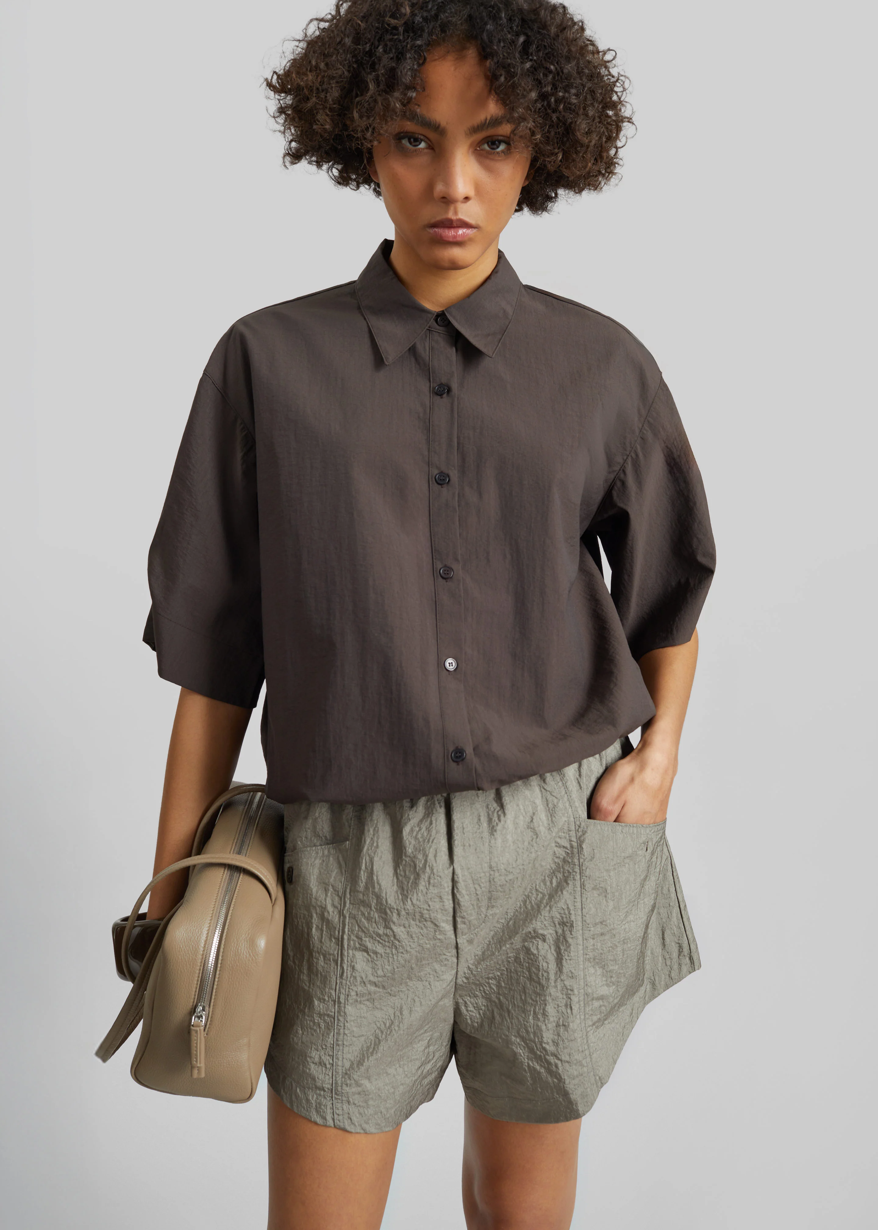 Zamora Textured Mini Shorts - Mocha - Image 4